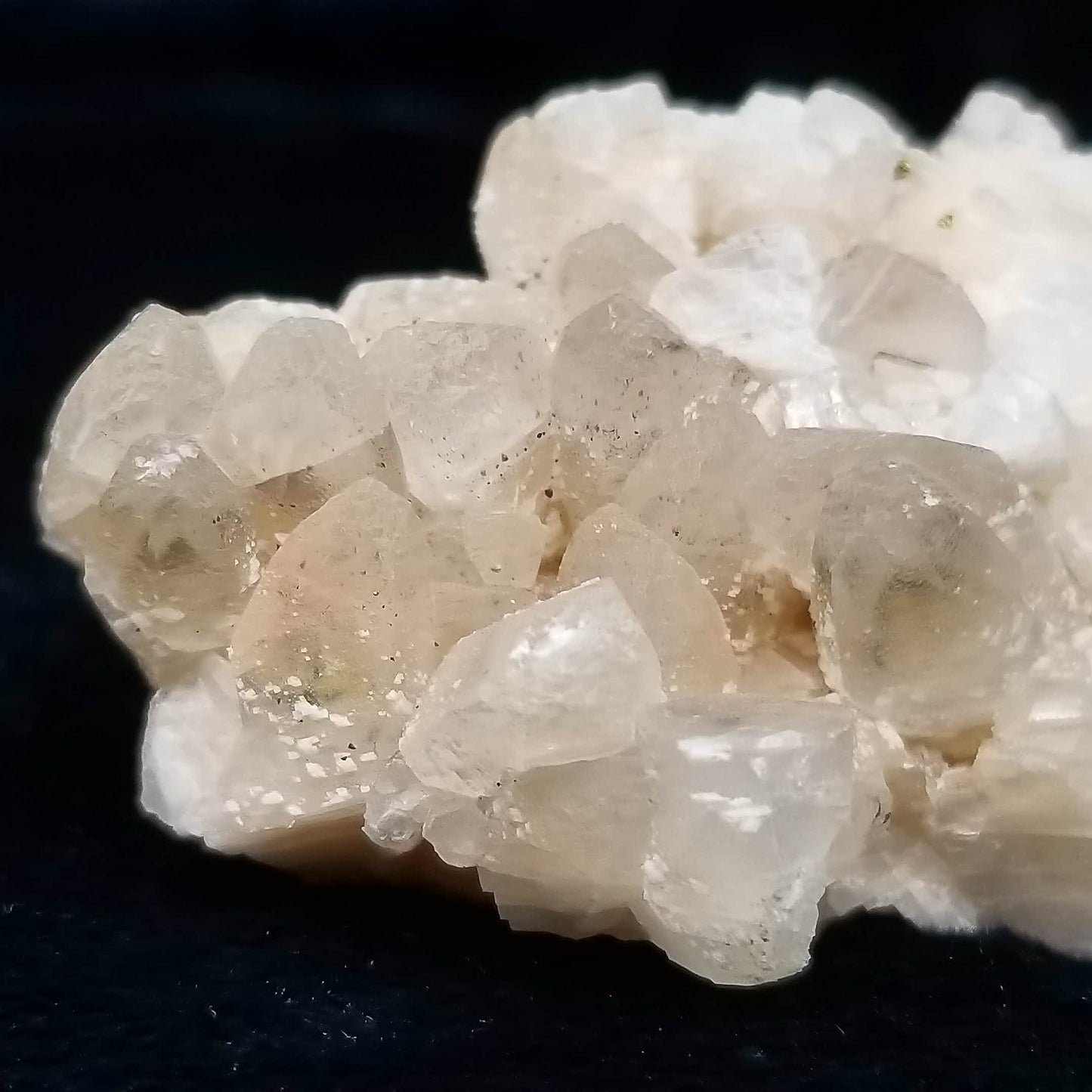 #11141 White Dolomite and Chalcopyrite on clear Dogtooth Spar phantom Calcite cluster