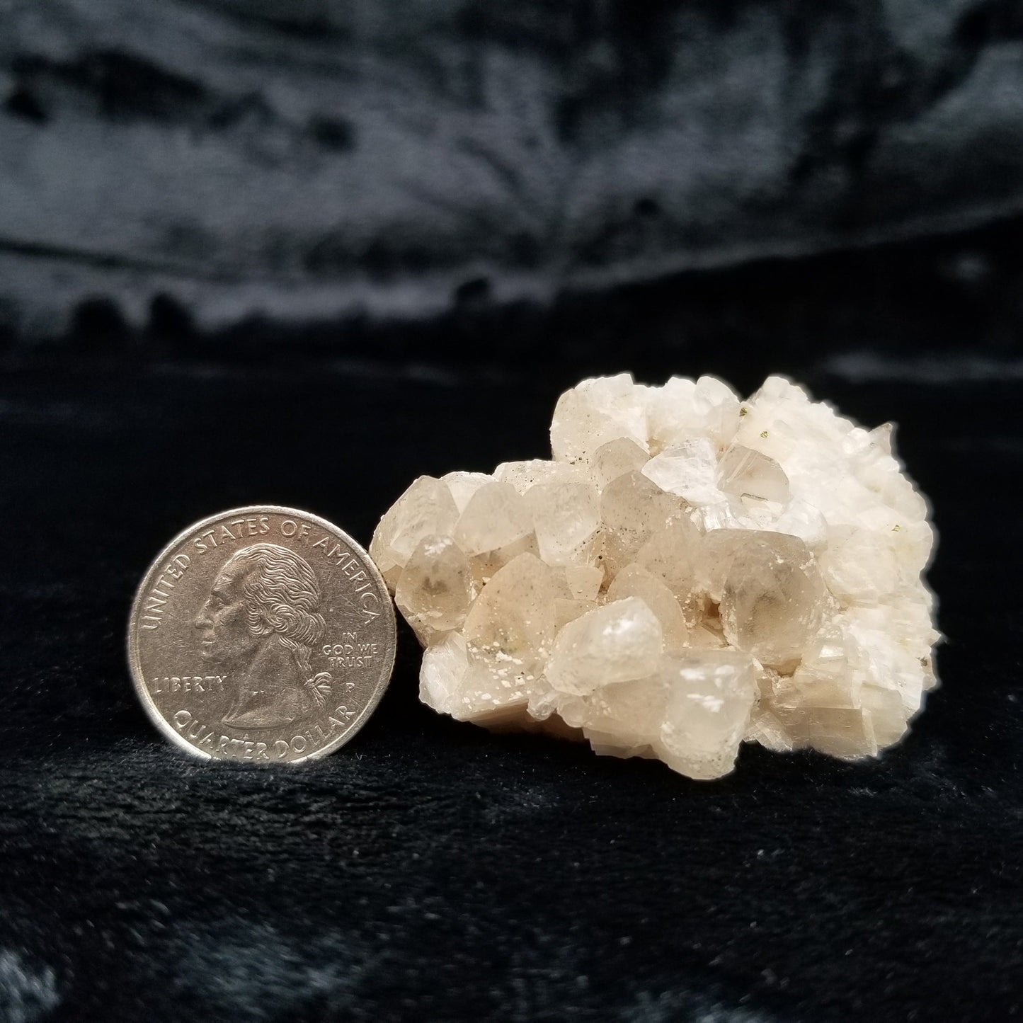 #11141 White Dolomite and Chalcopyrite on clear Dogtooth Spar phantom Calcite cluster