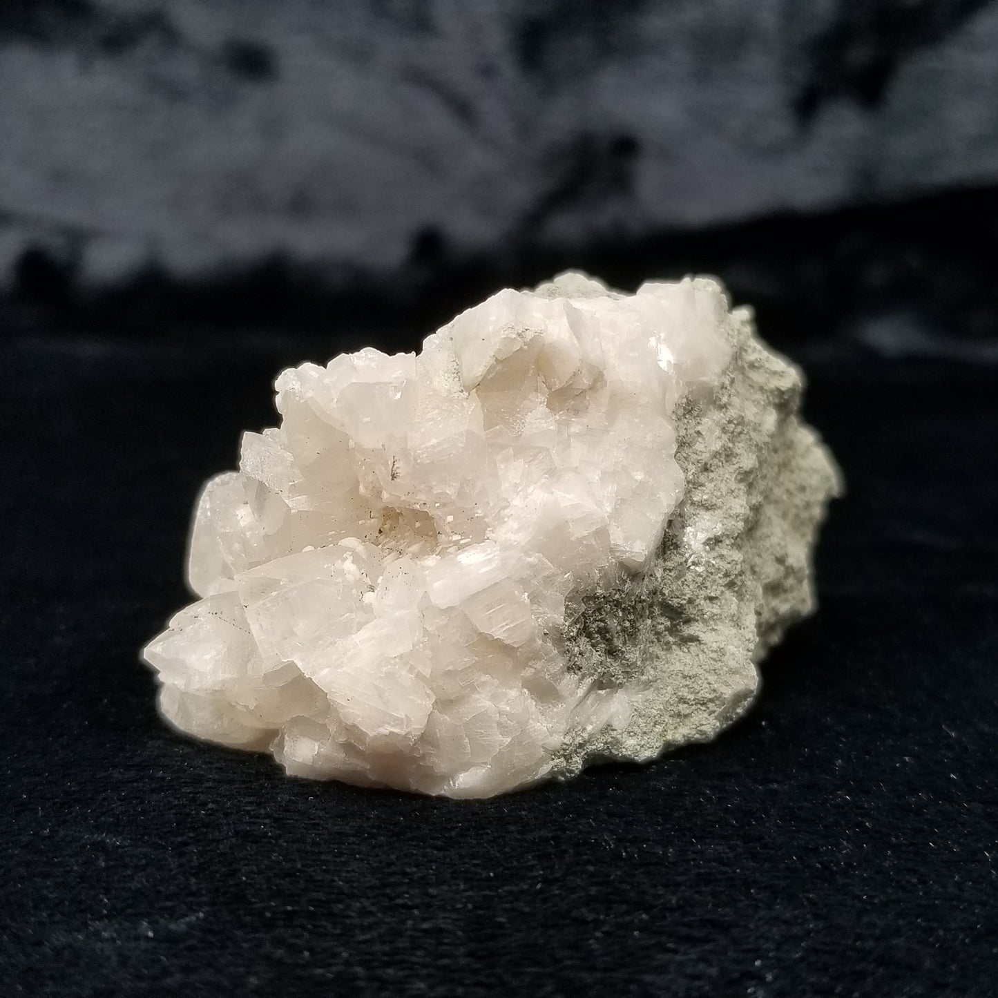 #11151 Chalcopyrite and white Dolomite dust on clear Combined form Calcite