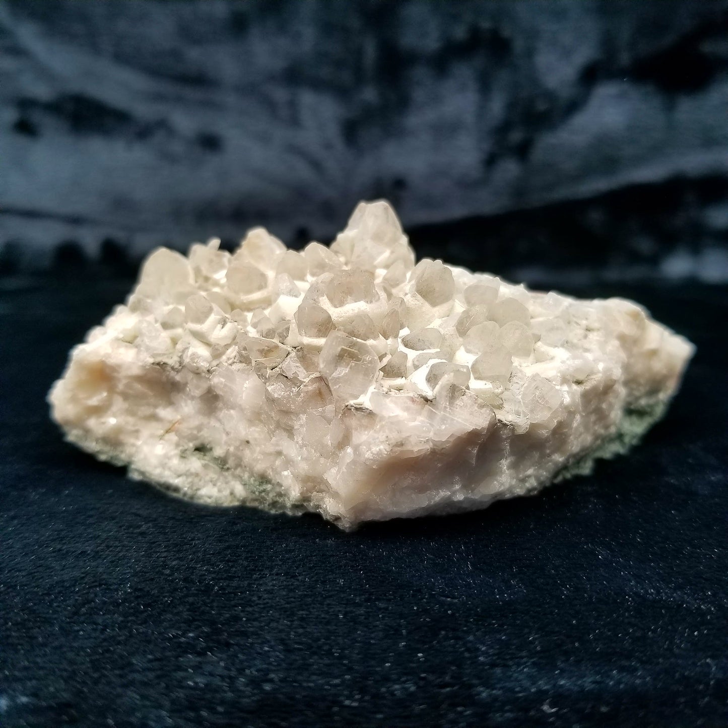 #11156 White Dolomite and Chalcopyrite on clear Dogtooth Spar Calcite cluster