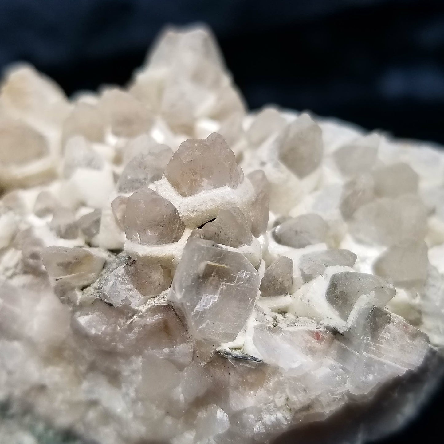 #11156 White Dolomite and Chalcopyrite on clear Dogtooth Spar Calcite cluster