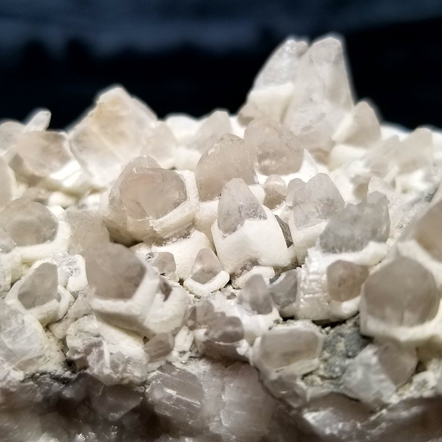 #11156 White Dolomite and Chalcopyrite on clear Dogtooth Spar Calcite cluster