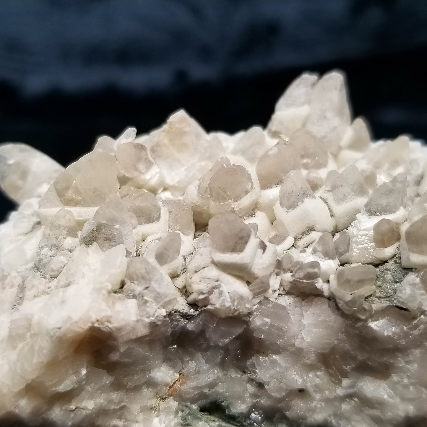 #11156 White Dolomite and Chalcopyrite on clear Dogtooth Spar Calcite cluster