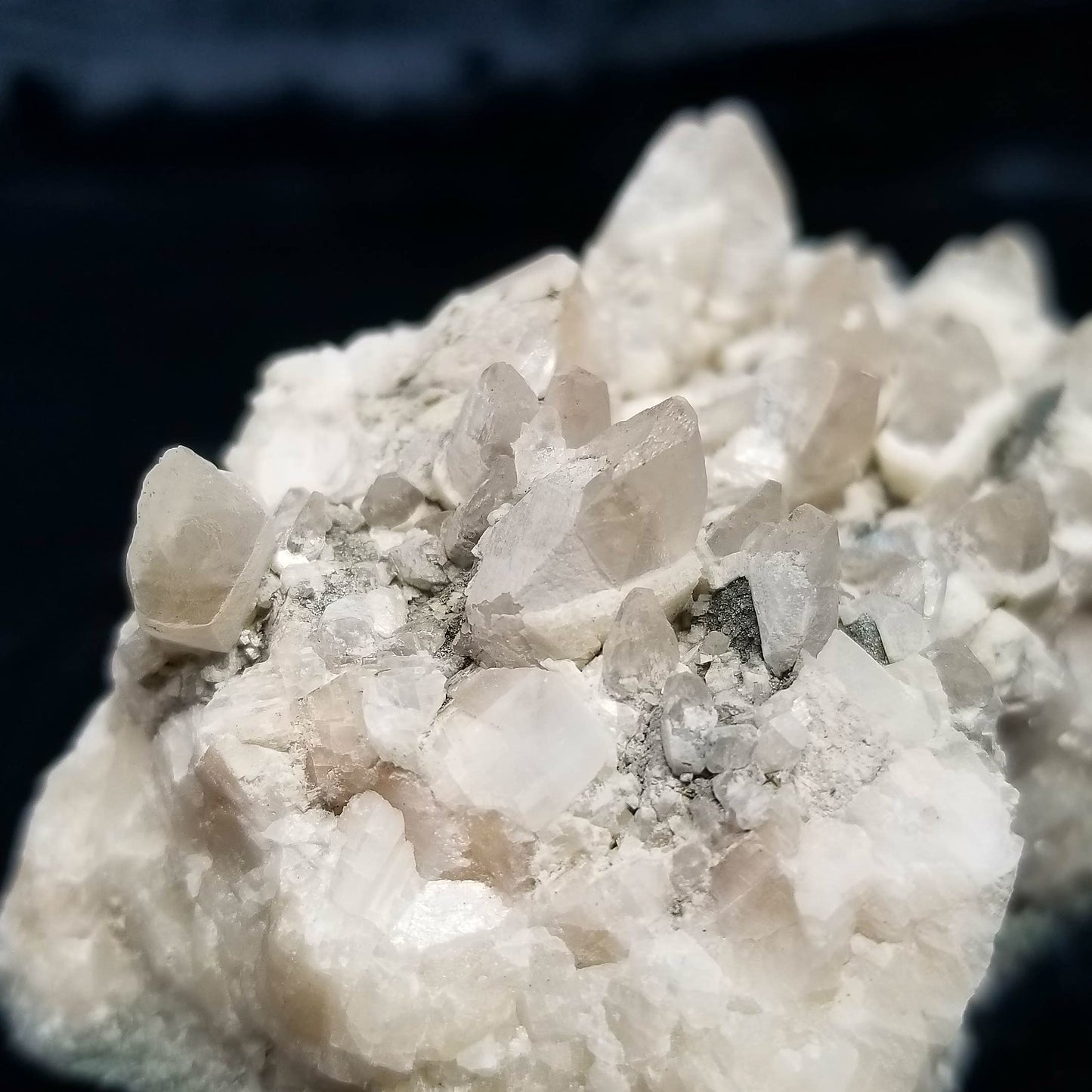 #11156 White Dolomite and Chalcopyrite on clear Dogtooth Spar Calcite cluster