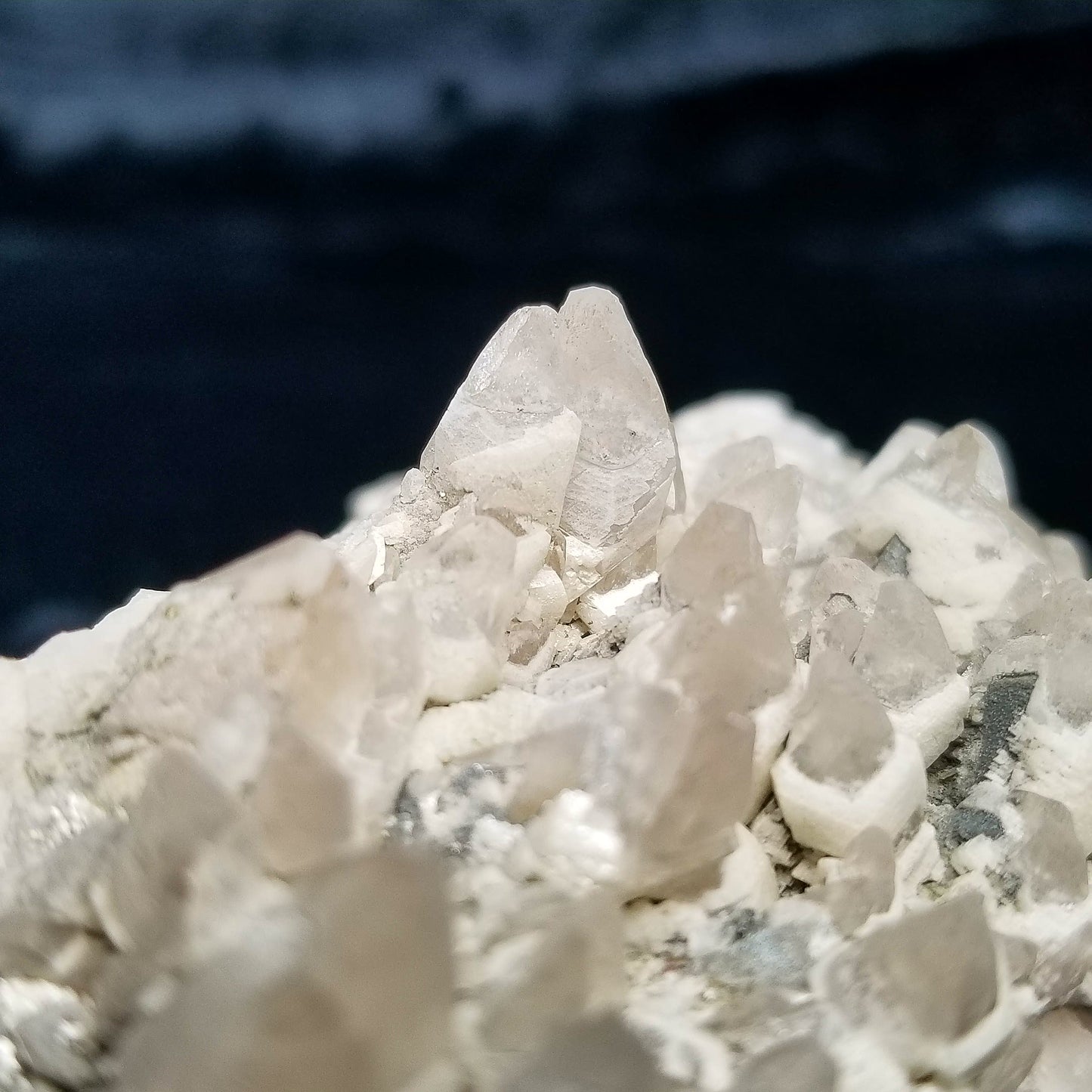 #11156 White Dolomite and Chalcopyrite on clear Dogtooth Spar Calcite cluster