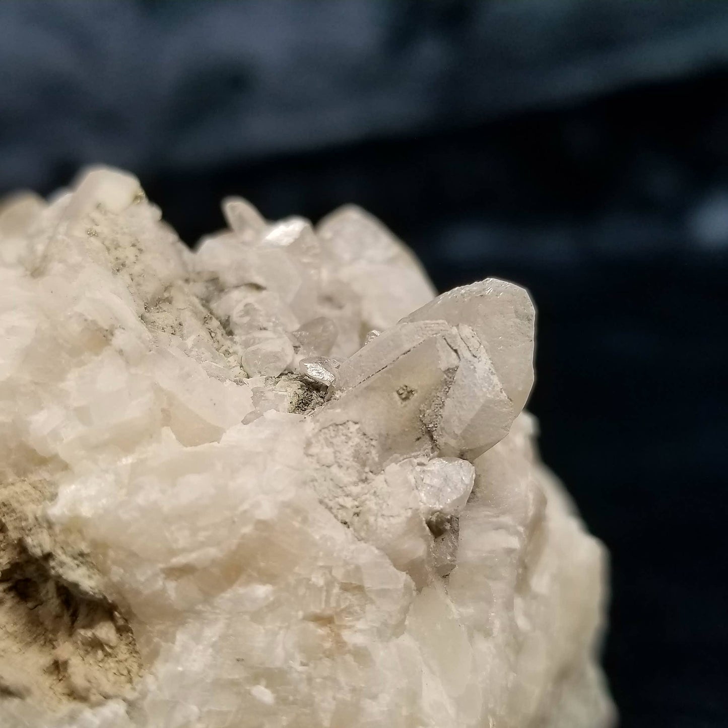 #11156 White Dolomite and Chalcopyrite on clear Dogtooth Spar Calcite cluster