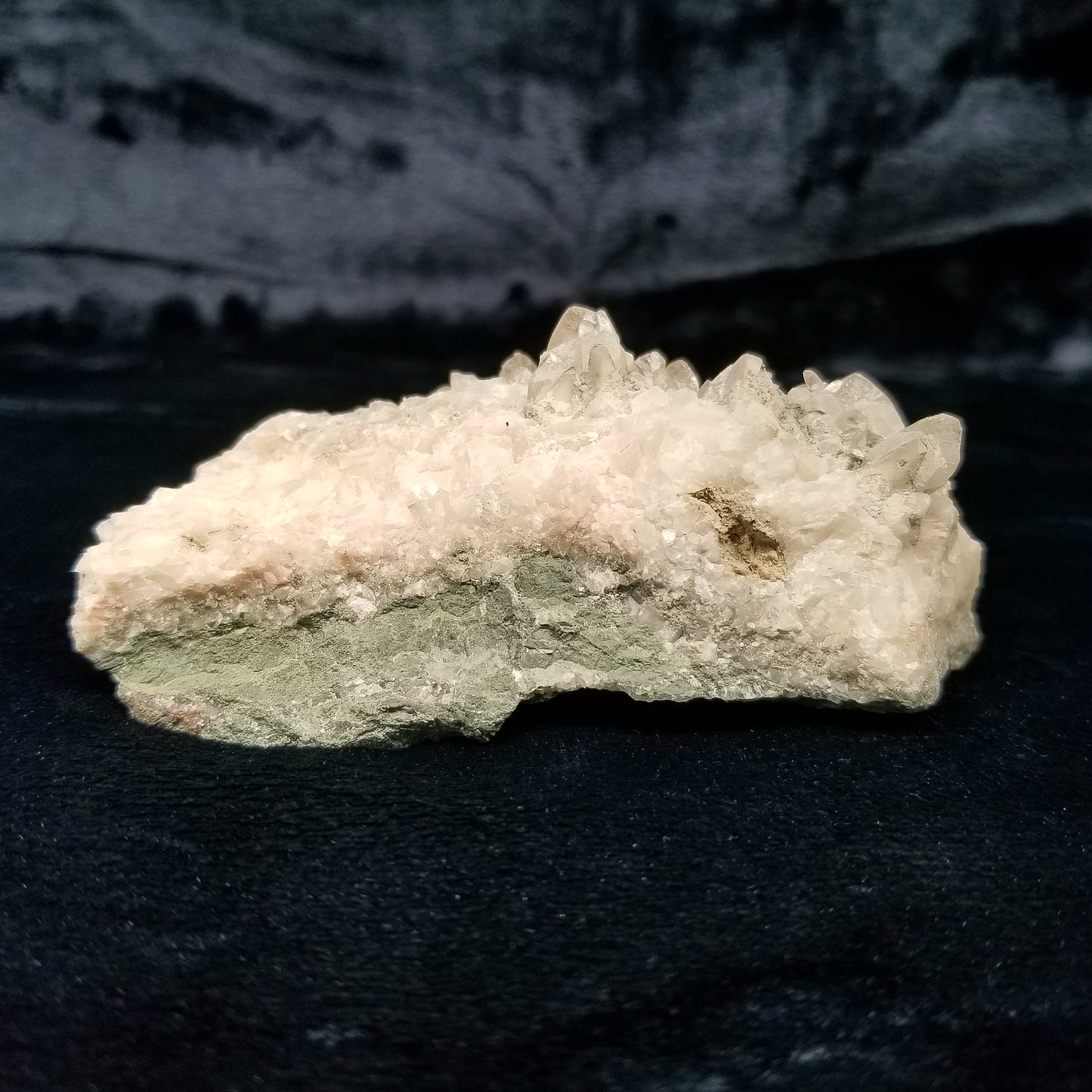 #11156 White Dolomite and Chalcopyrite on clear Dogtooth Spar Calcite cluster