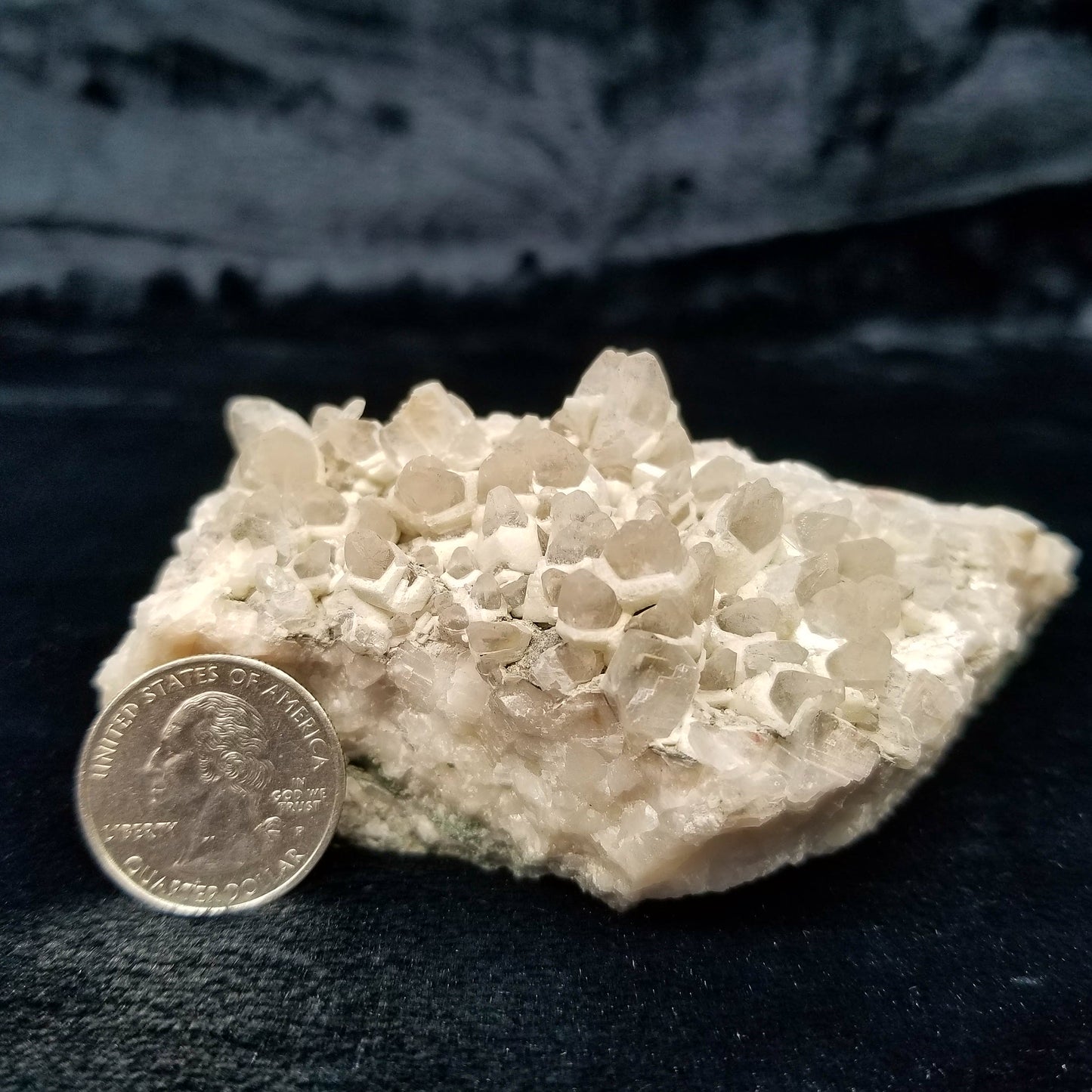 #11156 White Dolomite and Chalcopyrite on clear Dogtooth Spar Calcite cluster