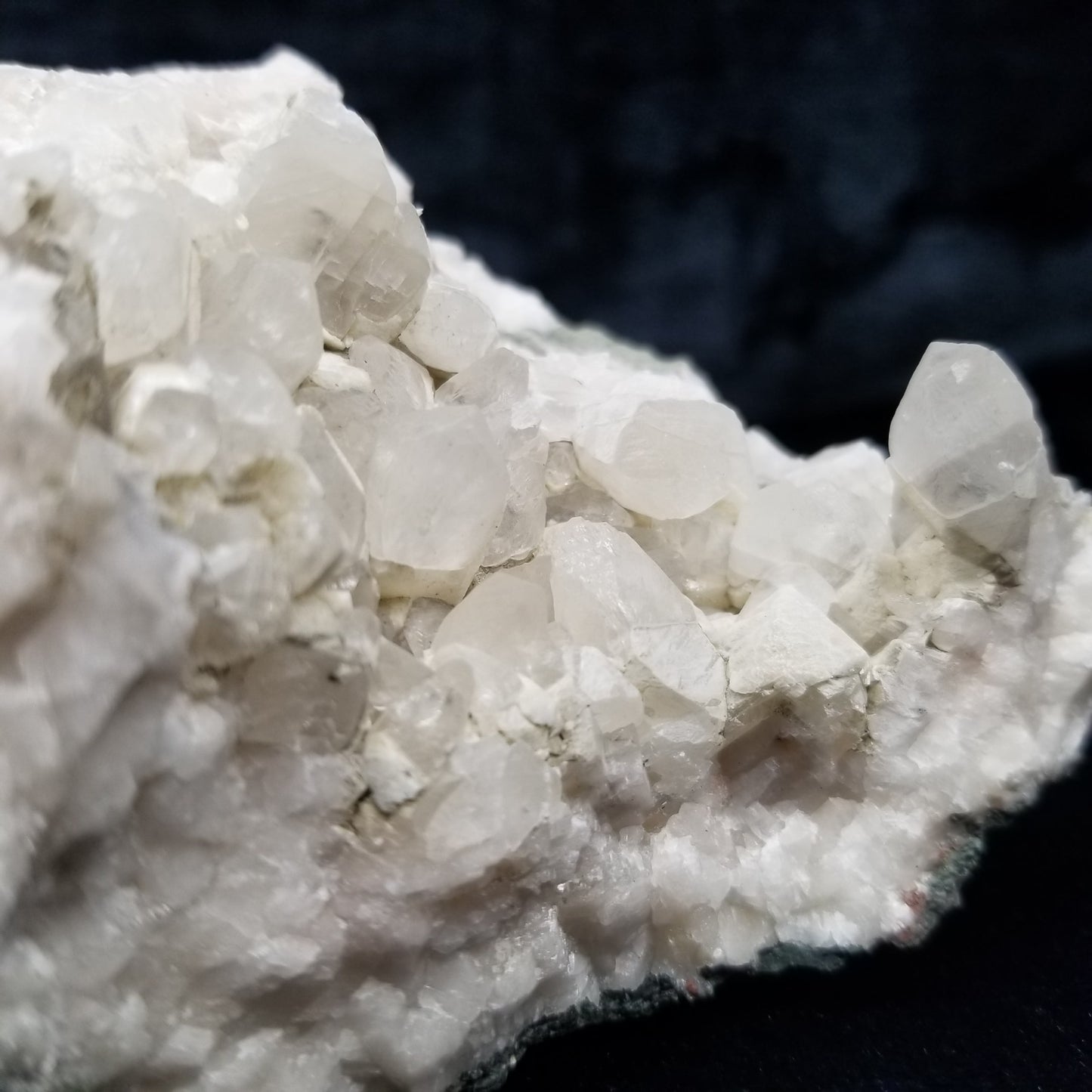 #11162 White Dolomite and Chalcopyrite on clear Combined form Calcite cluster