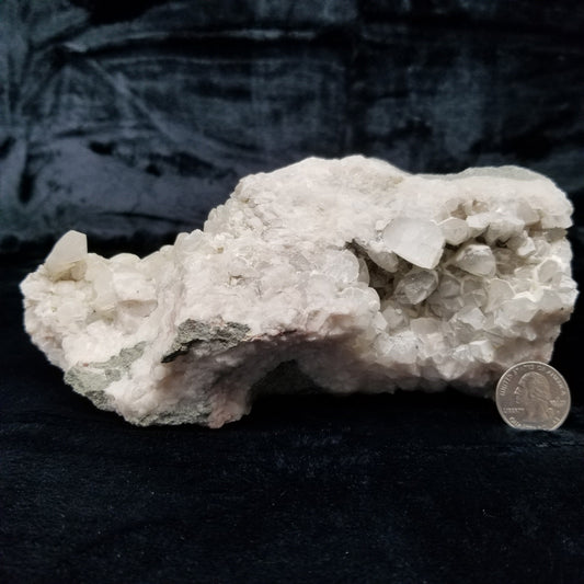 #11162 White Dolomite and Chalcopyrite on clear Combined form Calcite cluster