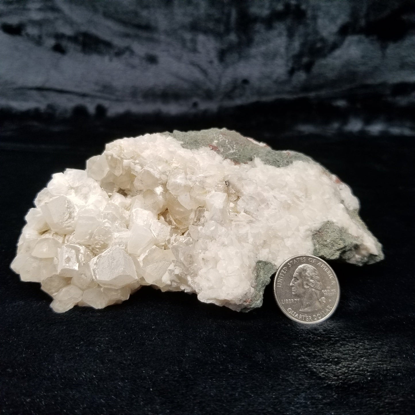 #11168 White Dolomite and Hematite on clear Combined form Calcite and Dogtooth Spar Calcite