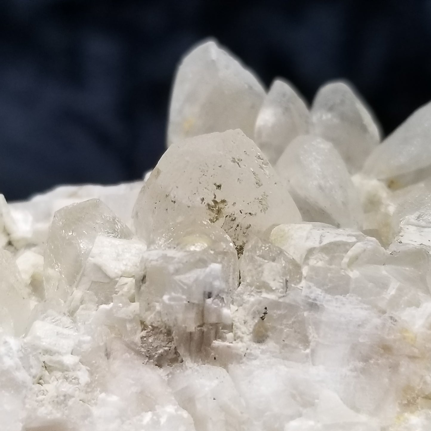 #11171 White Dolomite on clear Combined form Calcite cluster