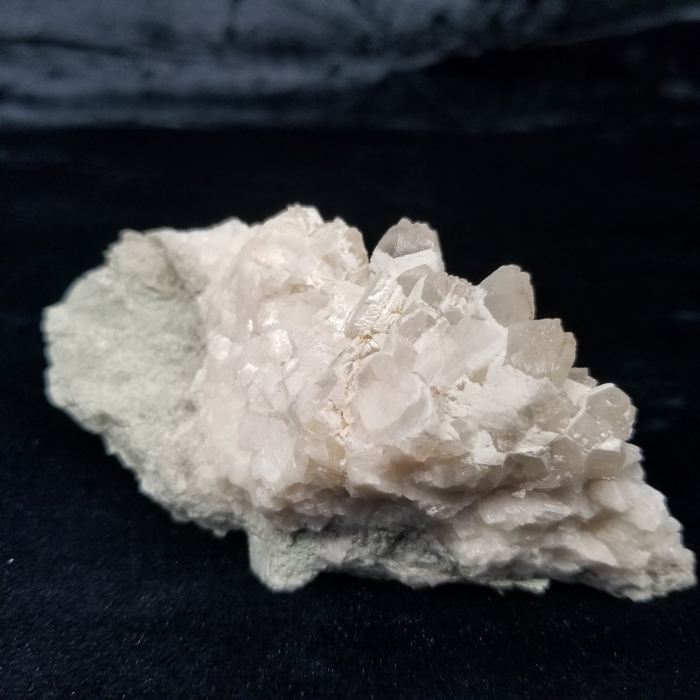 #11185 White Dolomite coating and Chalcopyrite on clear Combined form Calcite Chalcopyrite phantom inclusions