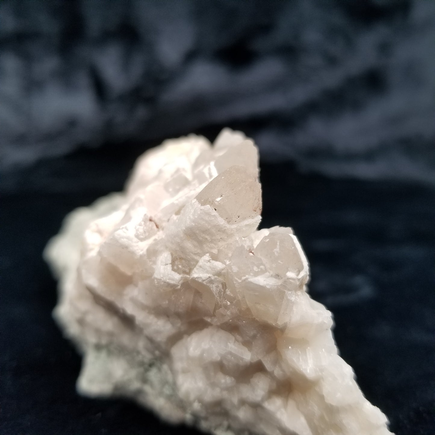 #11185 White Dolomite coating and Chalcopyrite on clear Combined form Calcite Chalcopyrite phantom inclusions