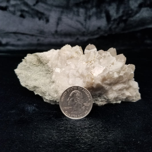 #11185 White Dolomite coating and Chalcopyrite on clear Combined form Calcite Chalcopyrite phantom inclusions