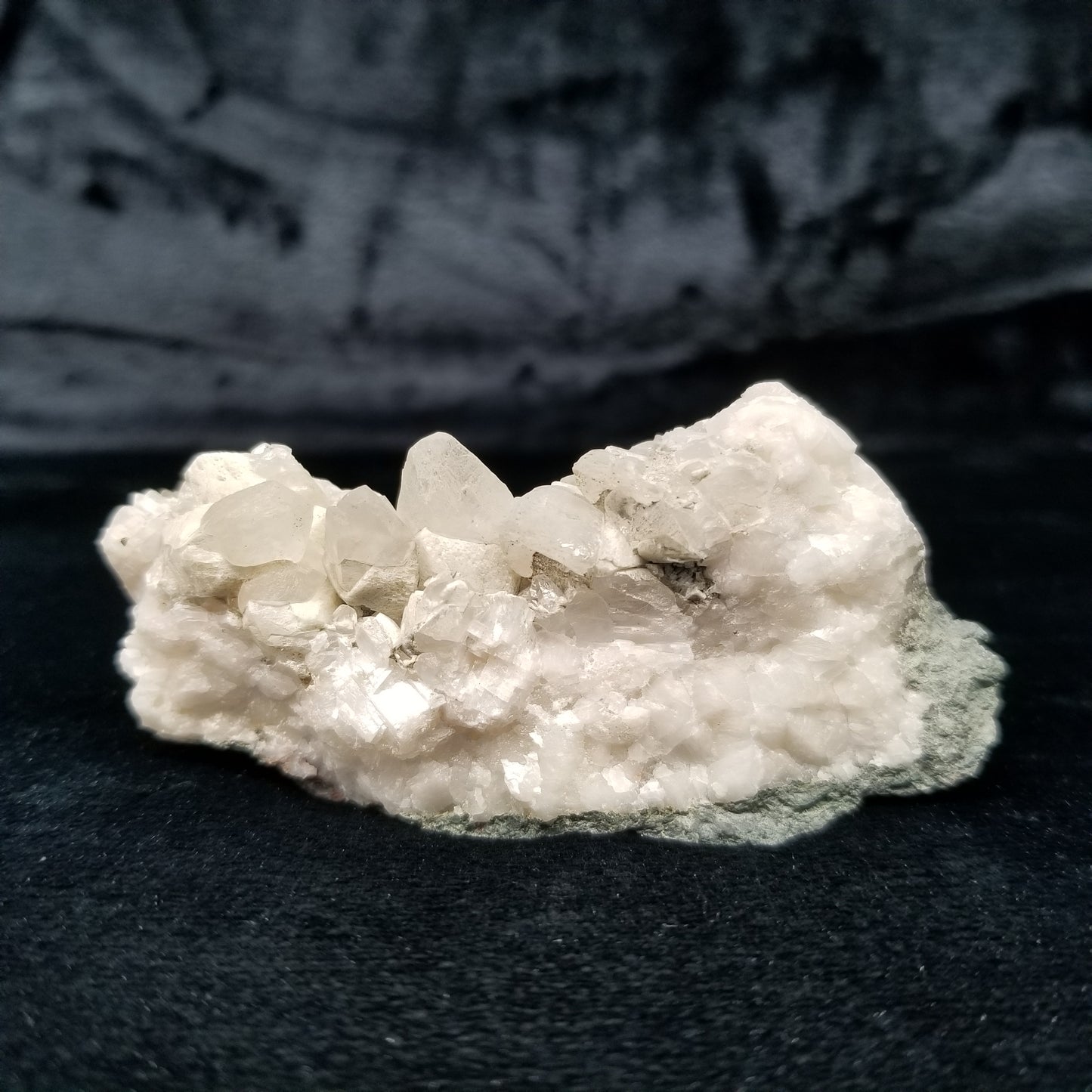 #11186 White Dolomite and Chalcopyrite on Calcite Combined form cluster on matrix
