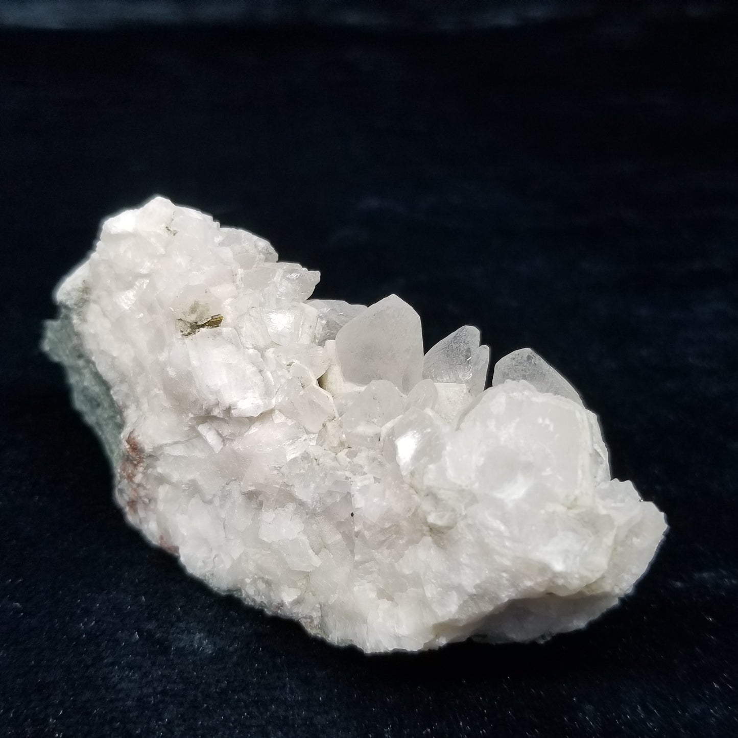 #11186 White Dolomite and Chalcopyrite on Calcite Combined form cluster on matrix