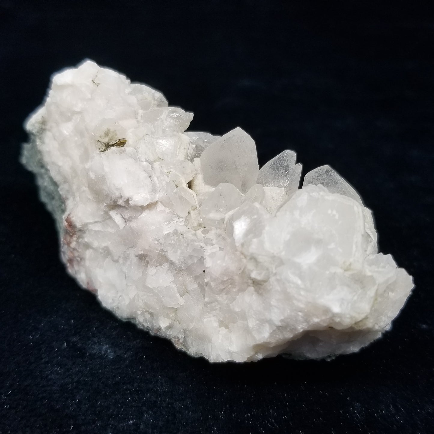 #11186 White Dolomite and Chalcopyrite on Calcite Combined form cluster on matrix