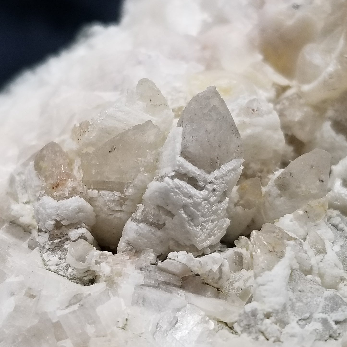 #11188 White Dolomite and Chalcopyrite on clear Combined form Calcite with Chalcopyrite inclusions