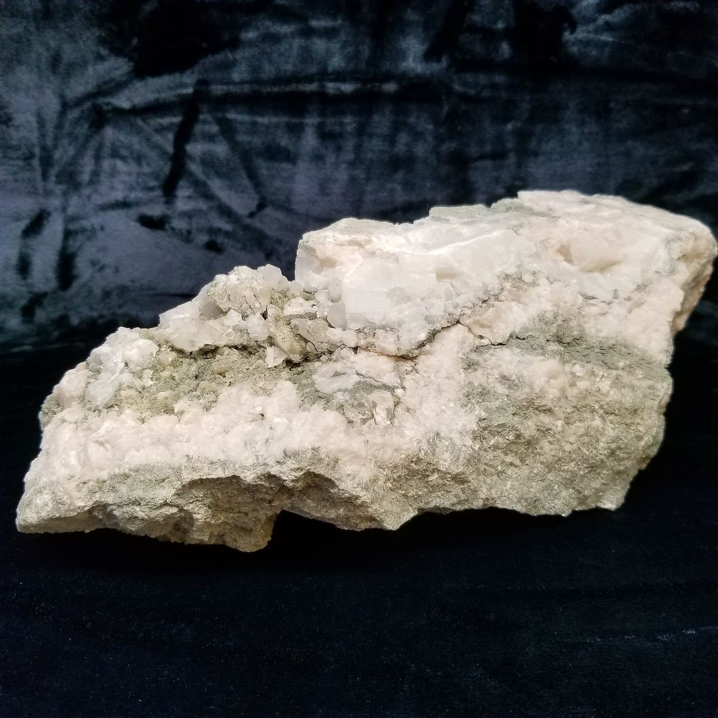 #11195 White and clear Dogtooth Spar Calcite formation with small Spirit Quartz formation on matrix