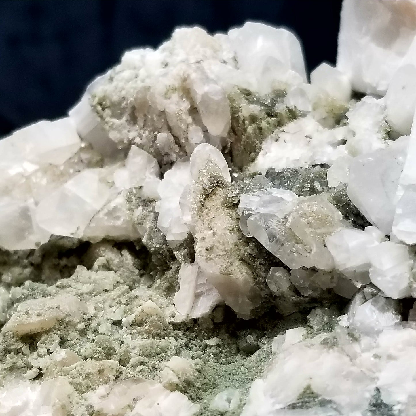 #11195 White and clear Dogtooth Spar Calcite formation with small Spirit Quartz formation on matrix