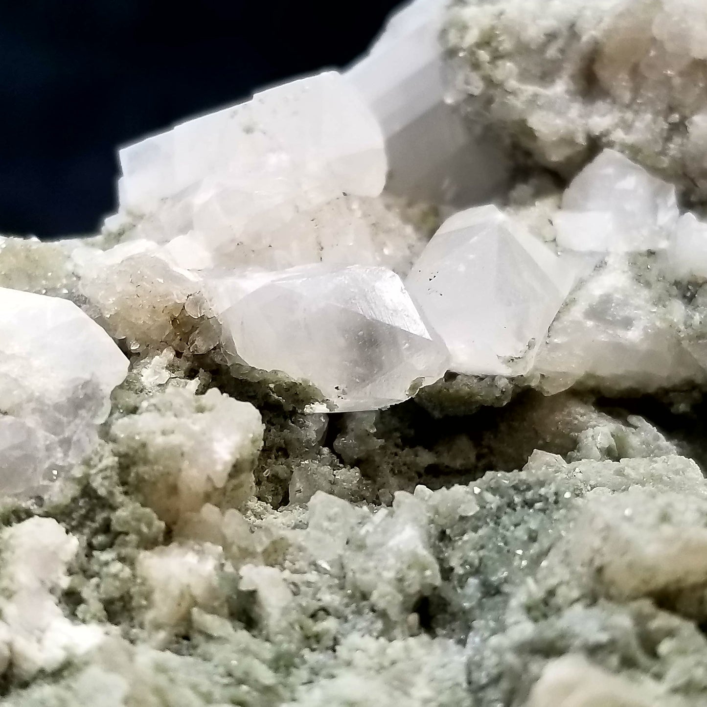 #11195 White and clear Dogtooth Spar Calcite formation with small Spirit Quartz formation on matrix