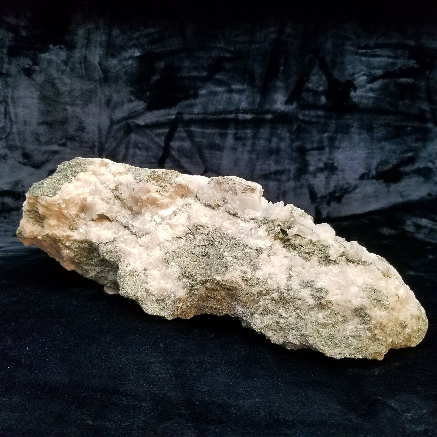#11195 White and clear Dogtooth Spar Calcite formation with small Spirit Quartz formation on matrix