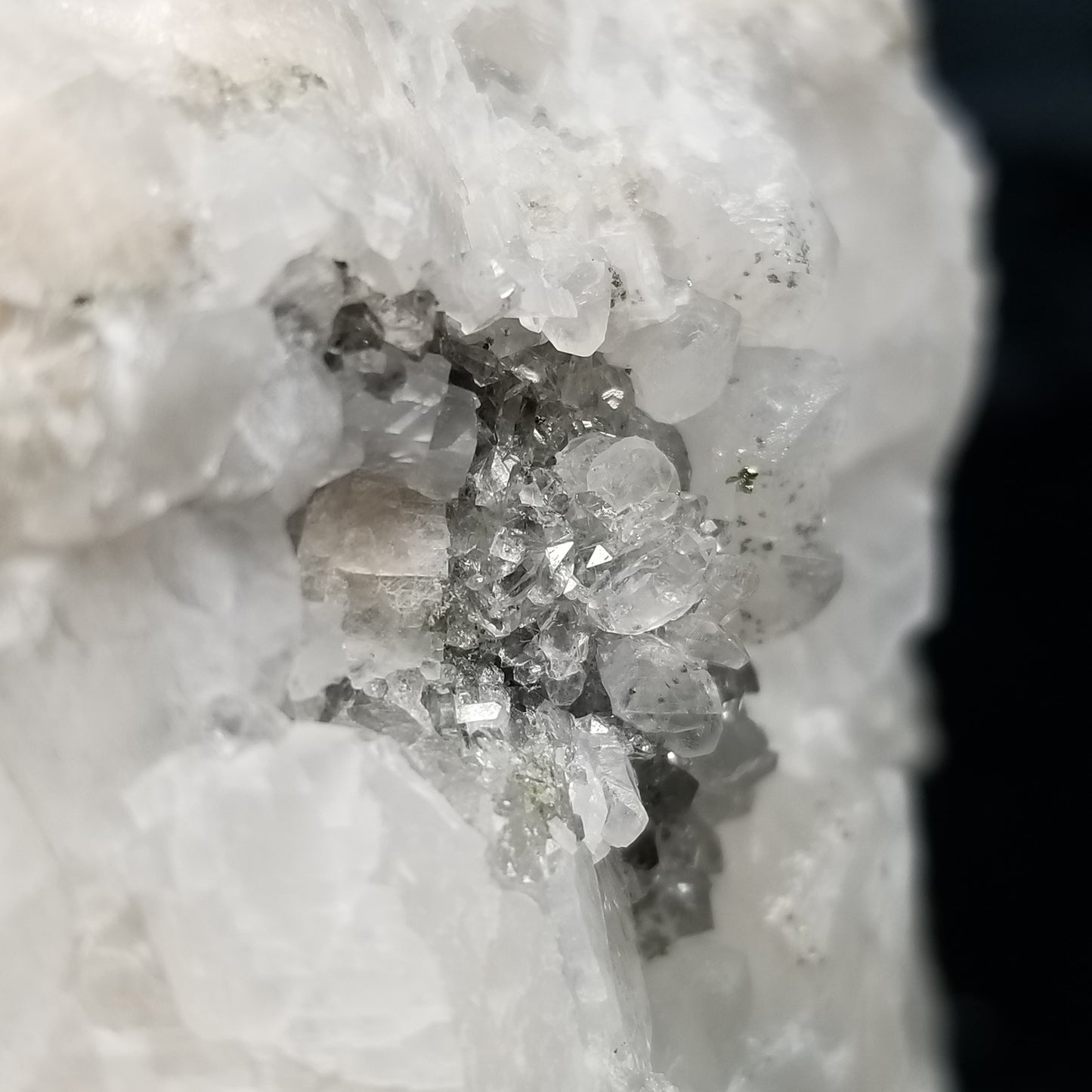 #11199 Chalcopyrite on small super clear Spirit Quartz with Chalcopyrite inclusions and white Combined form Calcite