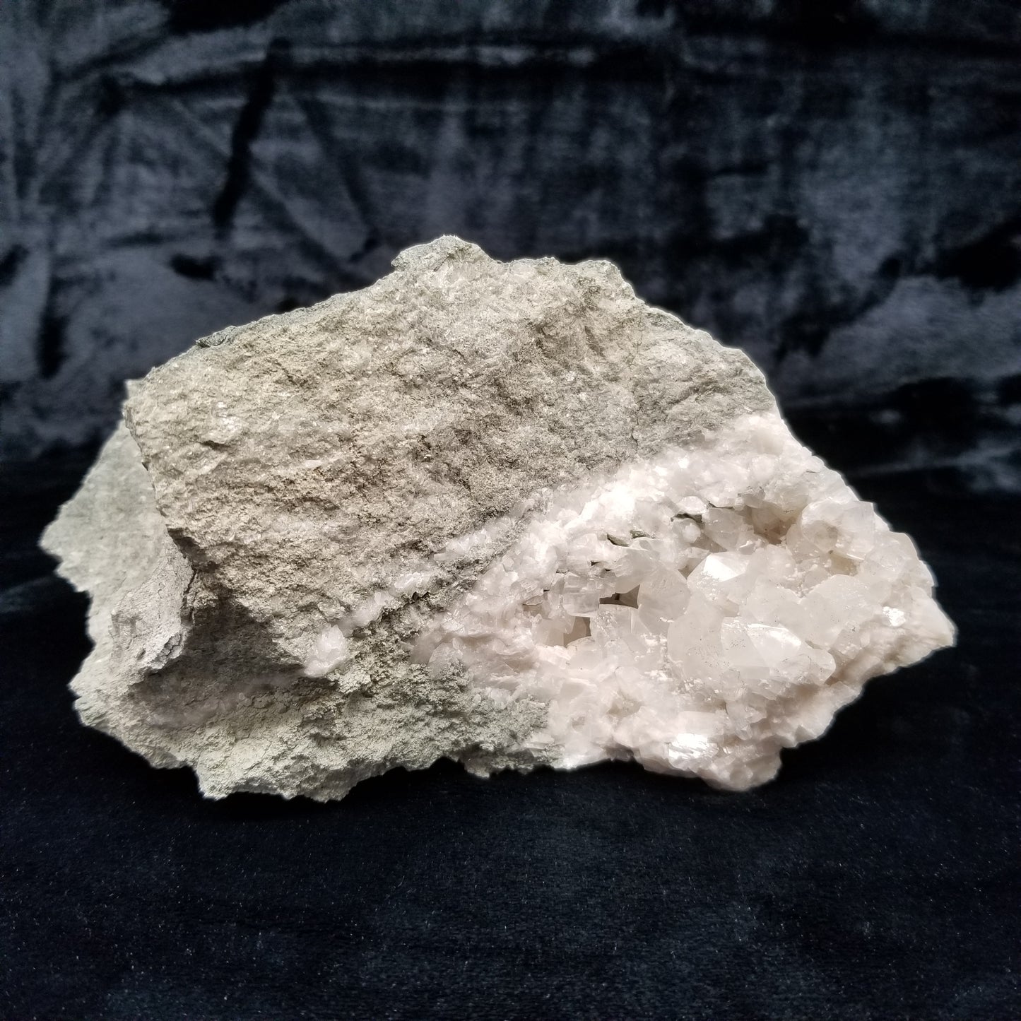 #11202 White Dolomite coating and Chalcopyrite on clear Combined form Calcite with Chalcopyrite inclusions