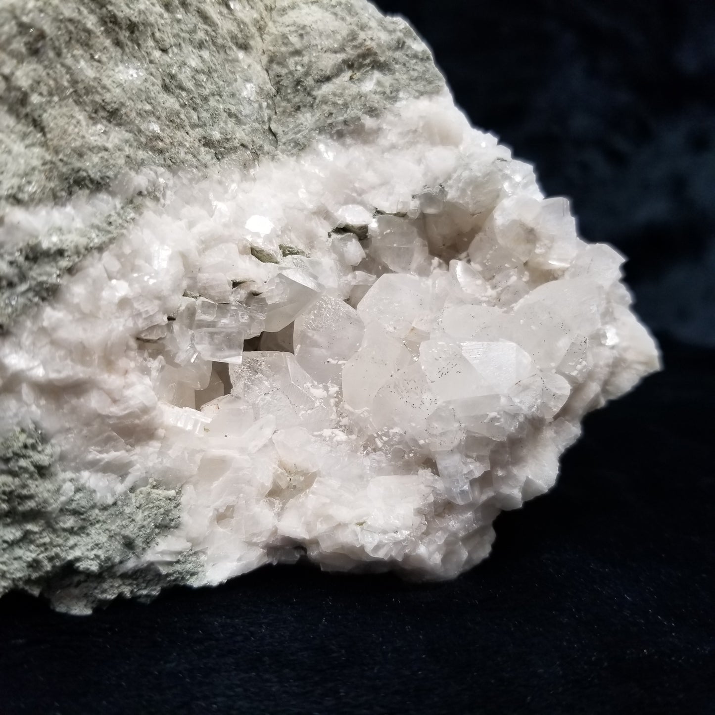 #11202 White Dolomite coating and Chalcopyrite on clear Combined form Calcite with Chalcopyrite inclusions