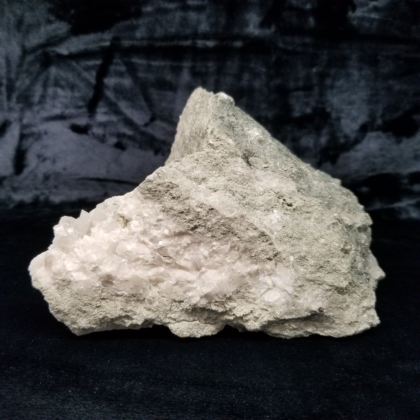 #11202 White Dolomite coating and Chalcopyrite on clear Combined form Calcite with Chalcopyrite inclusions