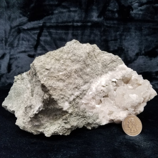 #11202 White Dolomite coating and Chalcopyrite on clear Combined form Calcite with Chalcopyrite inclusions