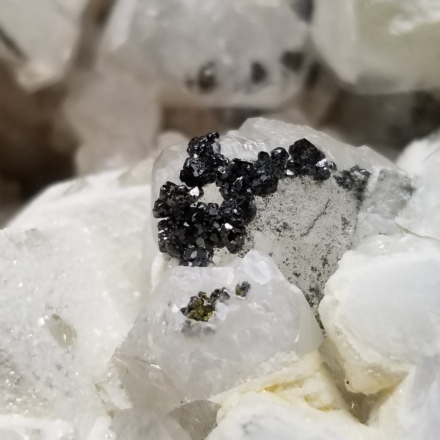 #11215 White Dolomite and Hematite formation on clear Combined form Calcite with Chalcopyrite inclusions