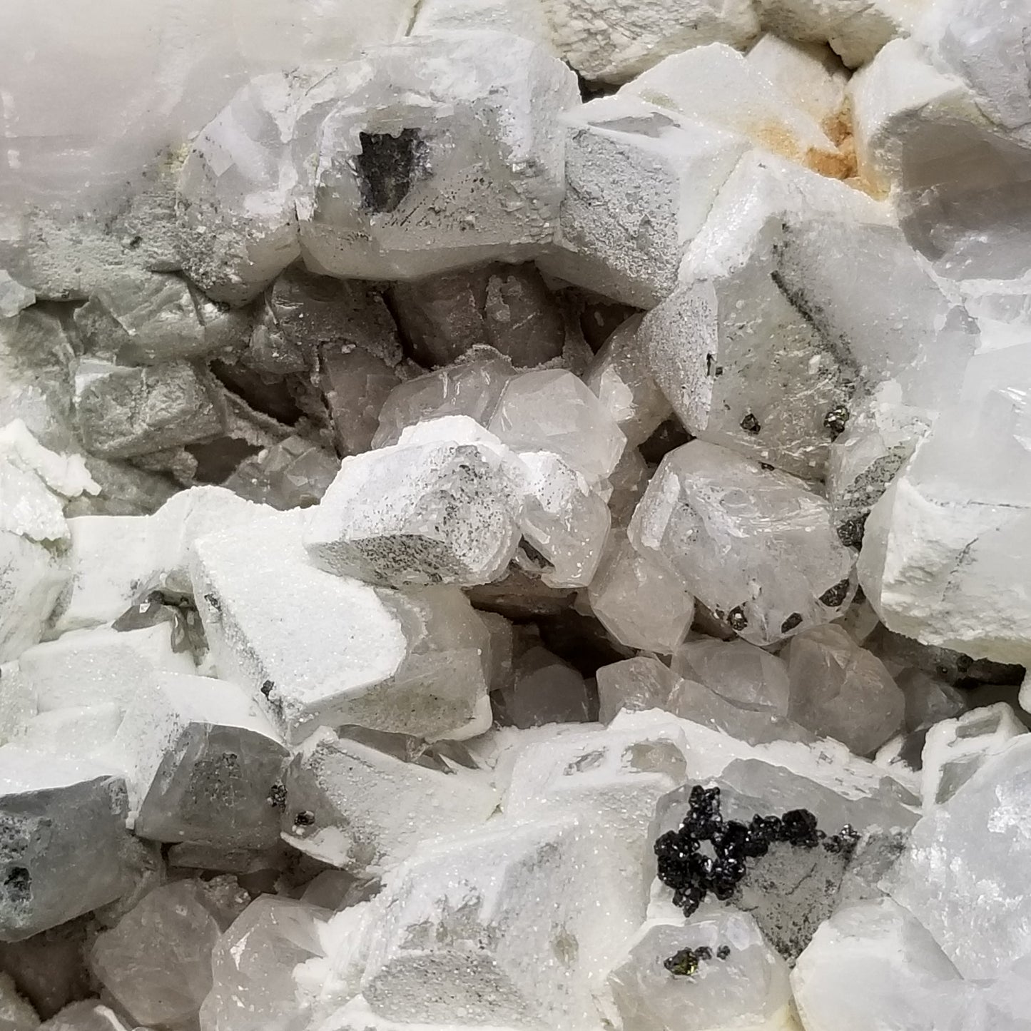 #11215 White Dolomite and Hematite formation on clear Combined form Calcite with Chalcopyrite inclusions