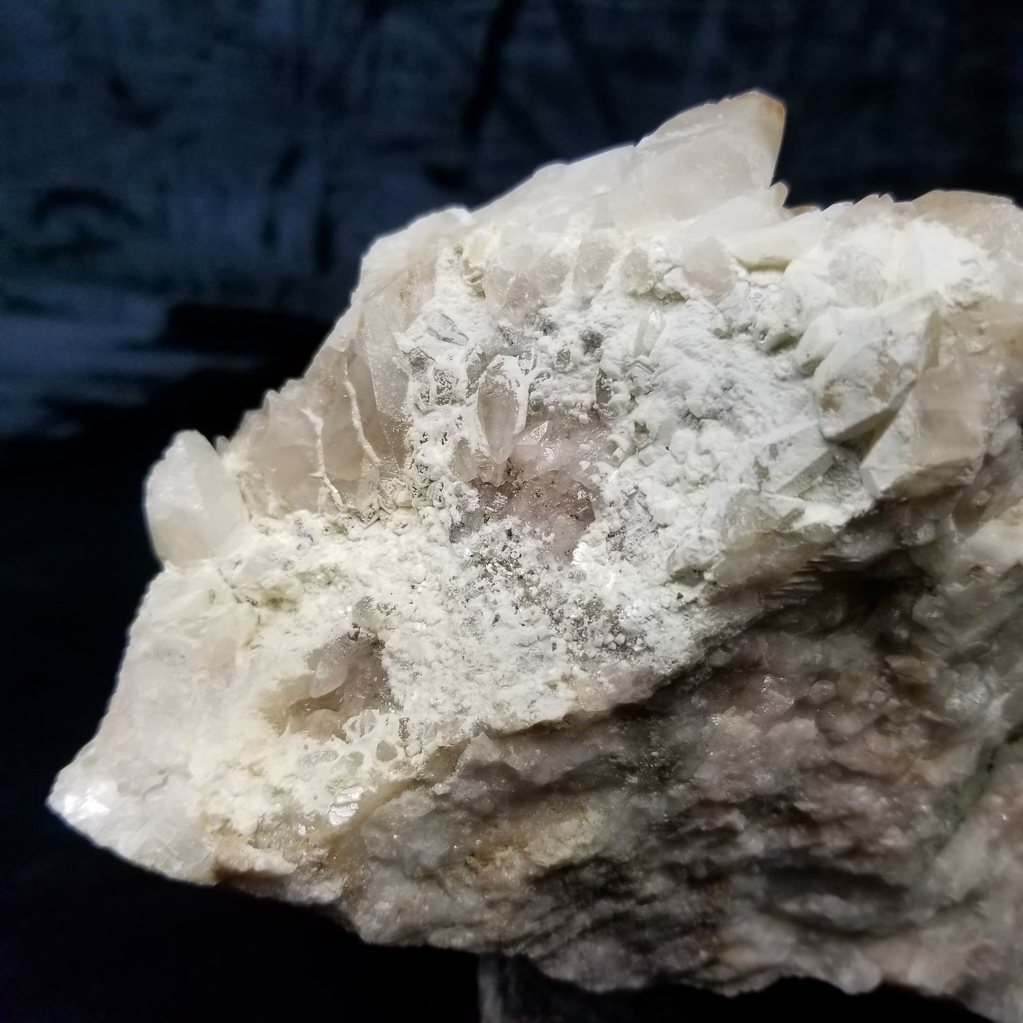 #11215 White Dolomite and Hematite formation on clear Combined form Calcite with Chalcopyrite inclusions