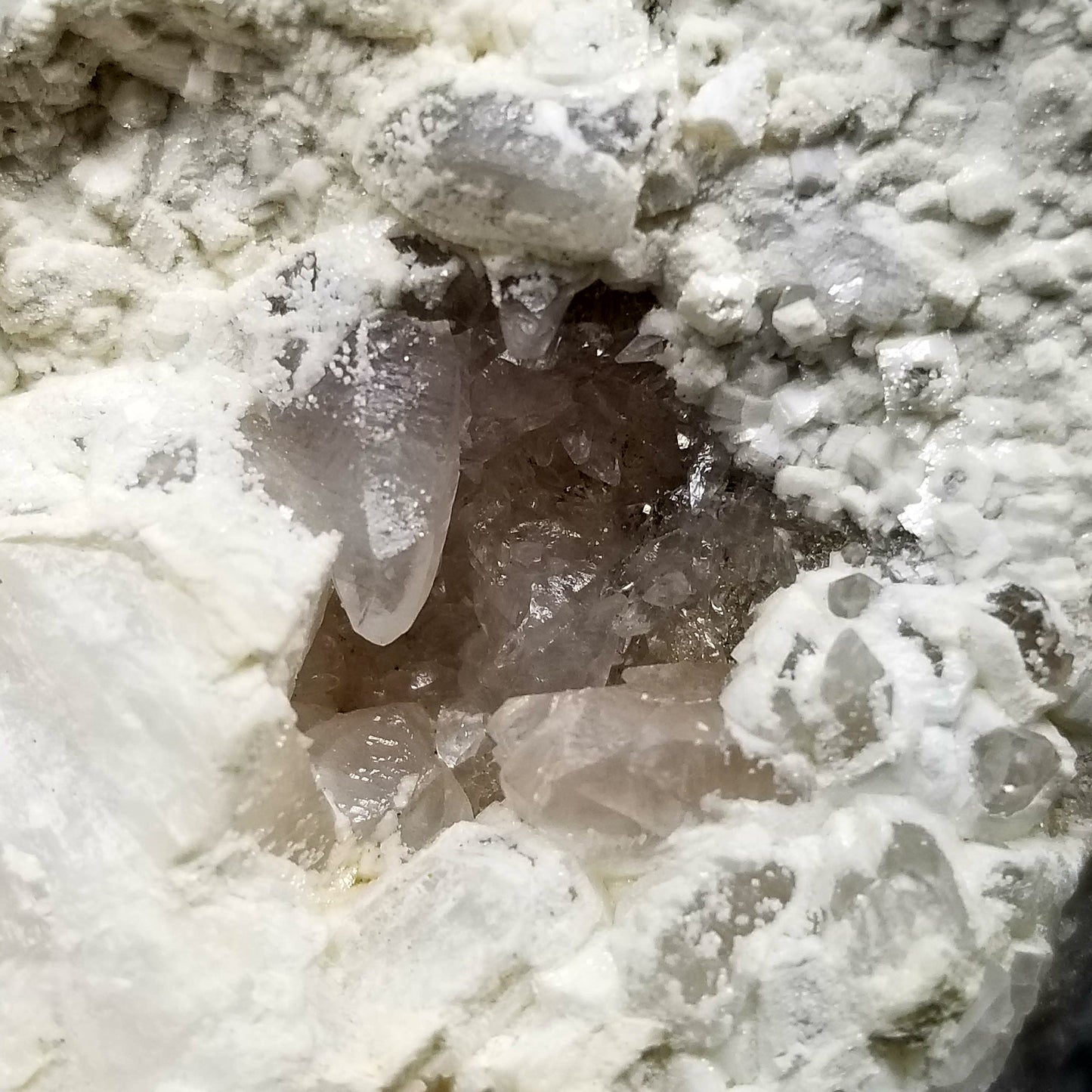 #11215 White Dolomite and Hematite formation on clear Combined form Calcite with Chalcopyrite inclusions