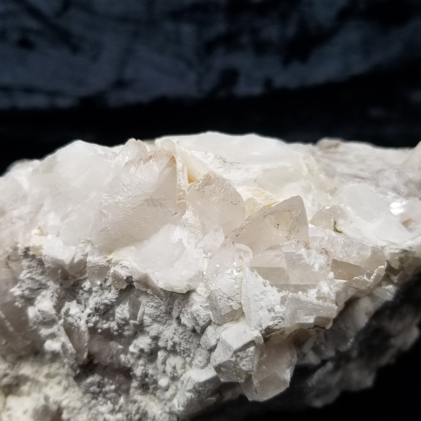 #11215 White Dolomite and Hematite formation on clear Combined form Calcite with Chalcopyrite inclusions