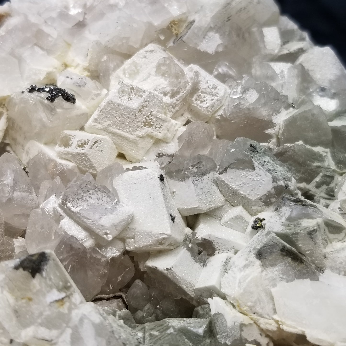 #11215 White Dolomite and Hematite formation on clear Combined form Calcite with Chalcopyrite inclusions