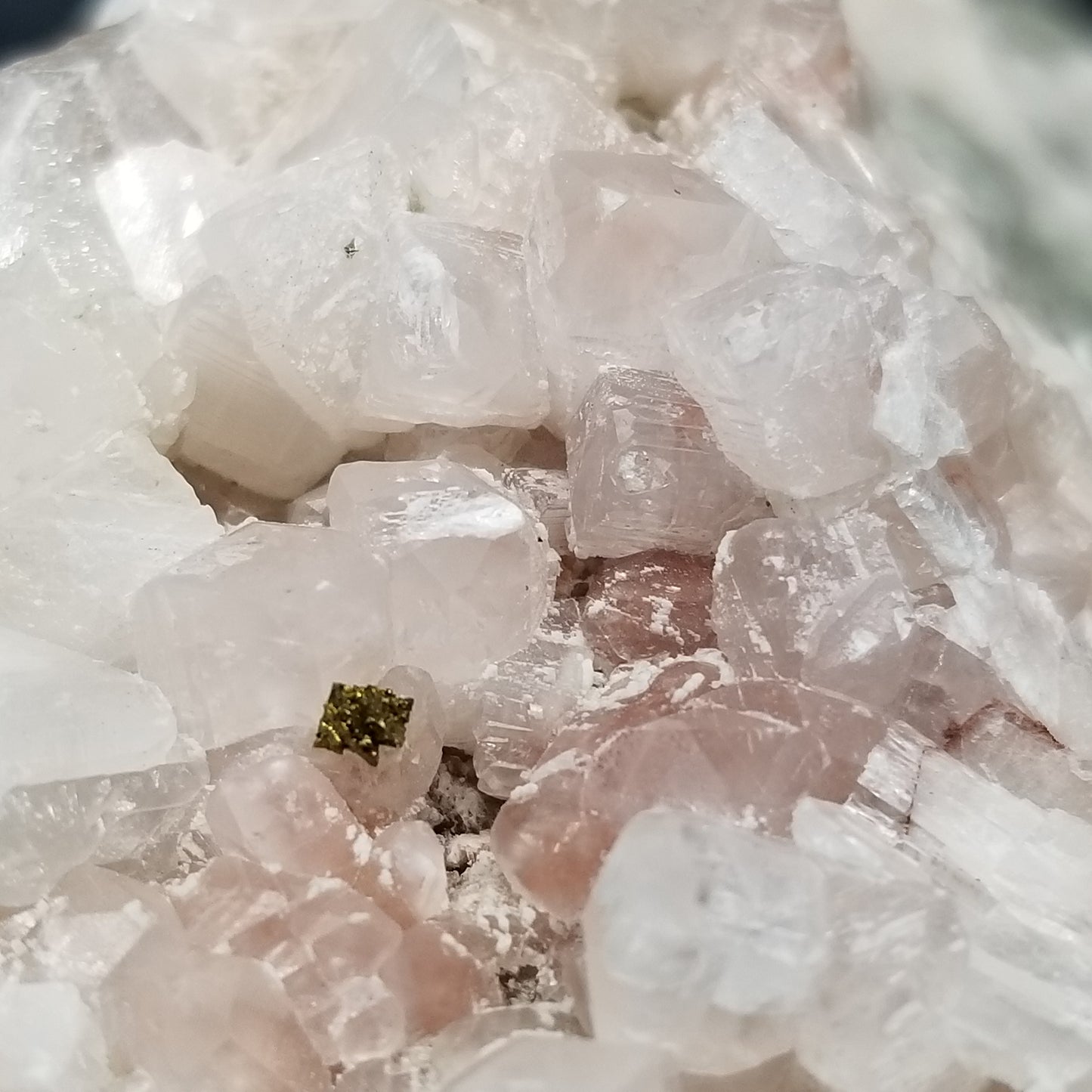 #11232 Iridescent Chalcopyrite ore on clear Combined form Calcite with Hematite inclusions