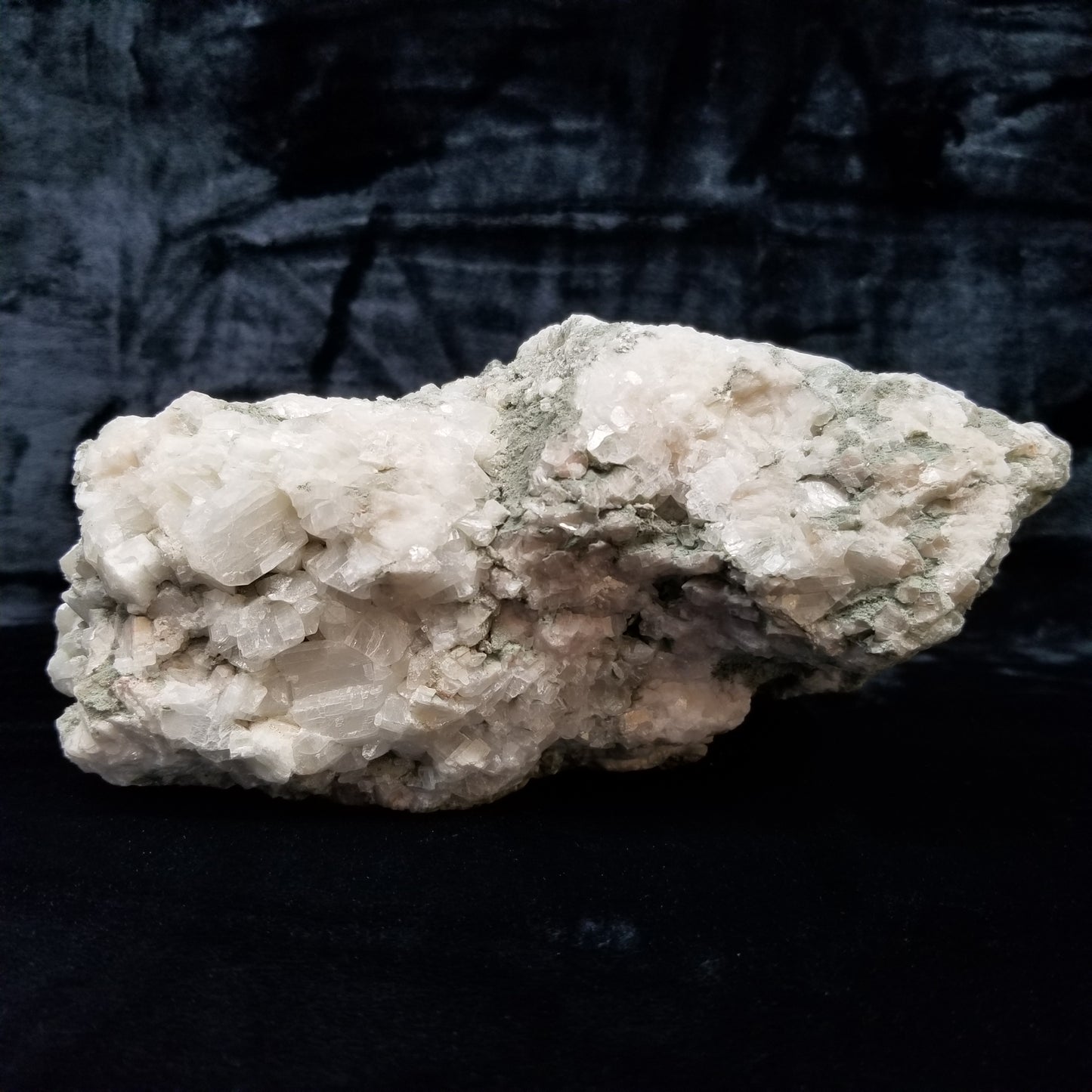 #11255 Green coating and white Dolomite on Combined form Calcite on matrix