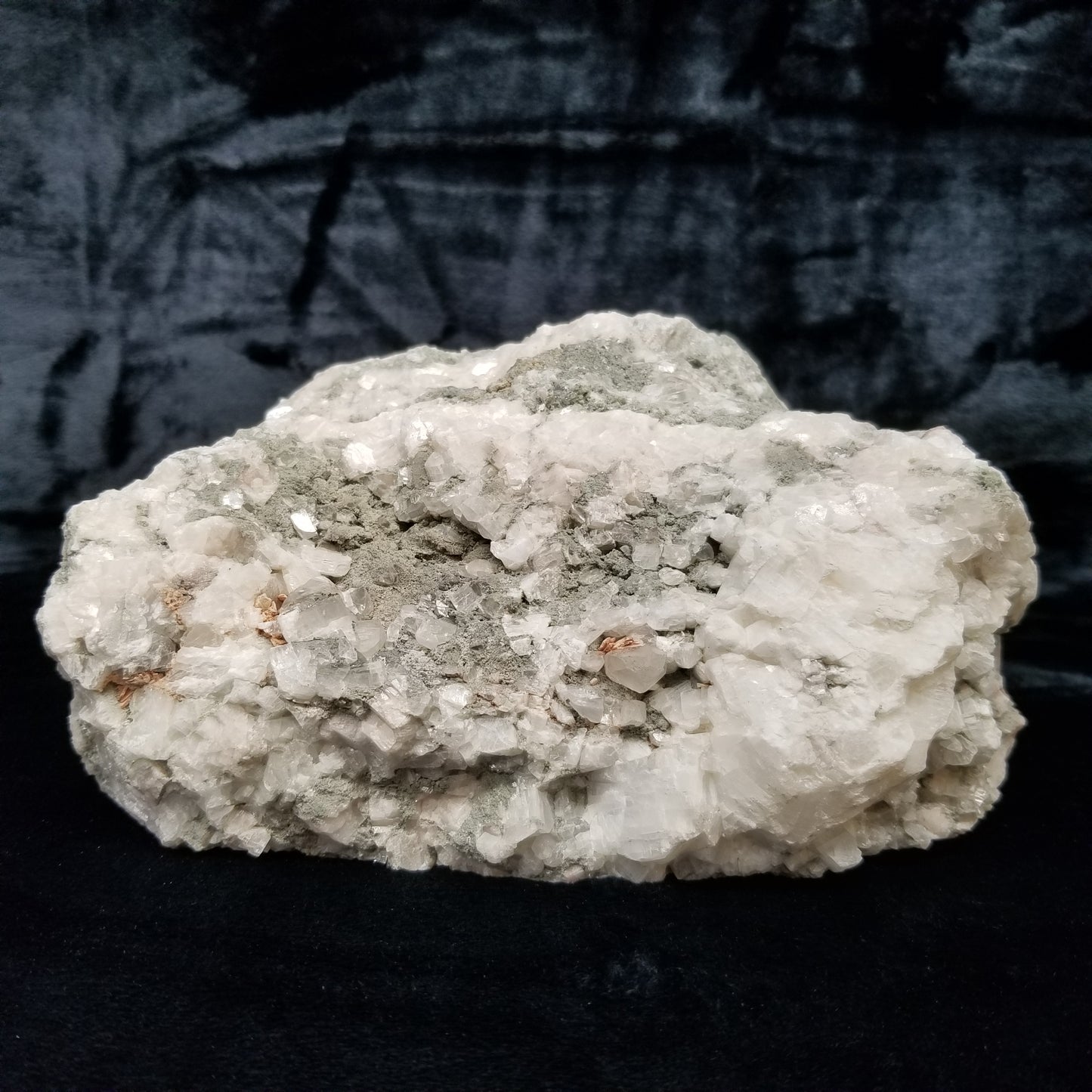 #11255 Green coating and white Dolomite on Combined form Calcite on matrix