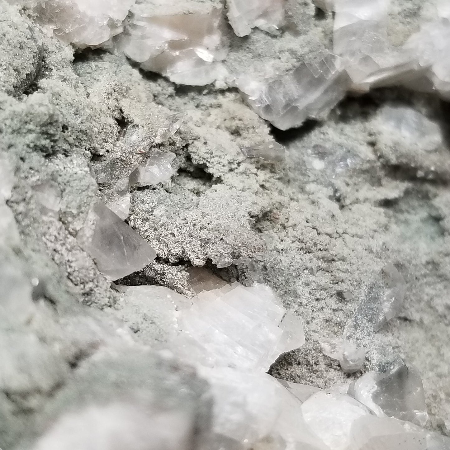 #11255 Green coating and white Dolomite on Combined form Calcite on matrix