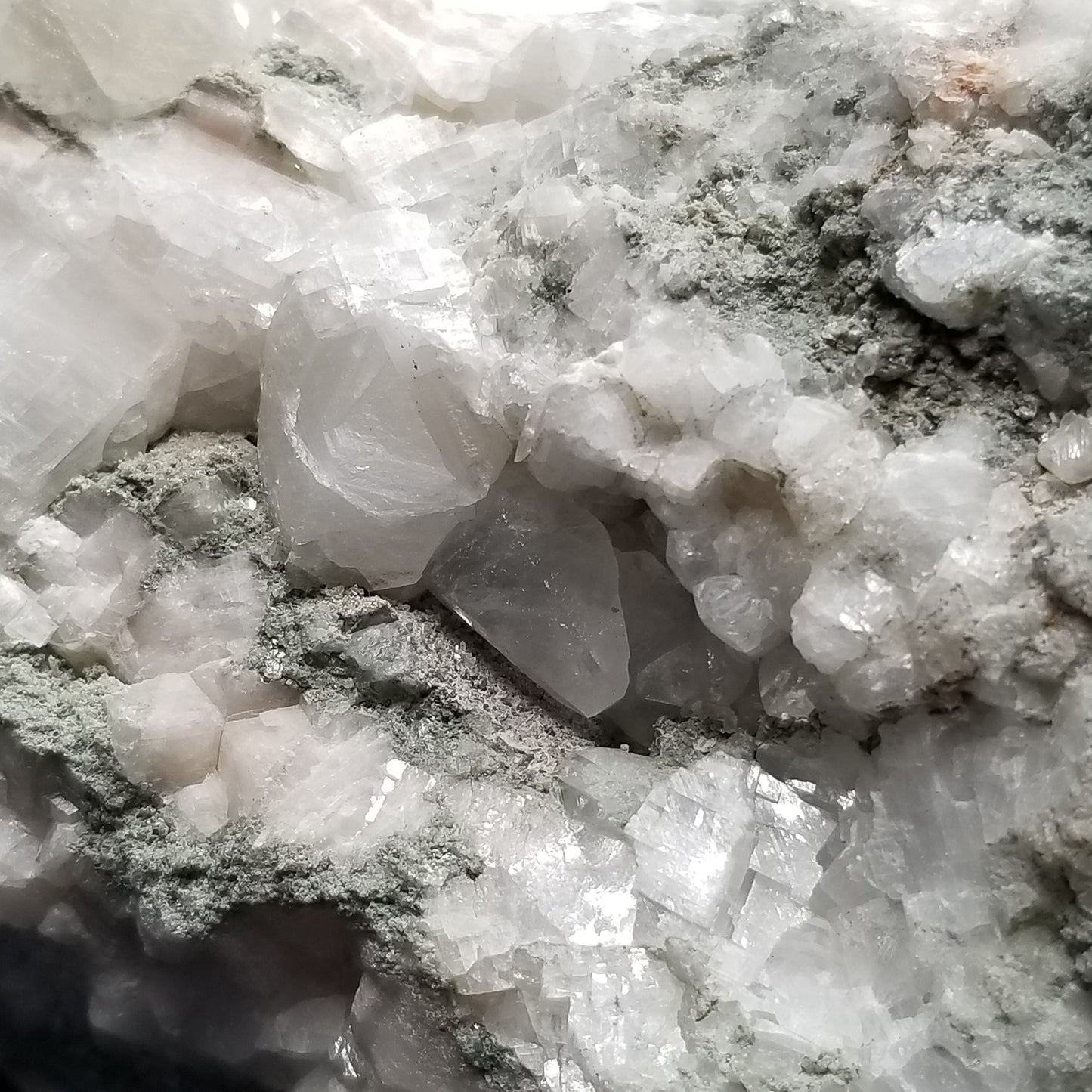 #11255 Green coating and white Dolomite on Combined form Calcite on matrix