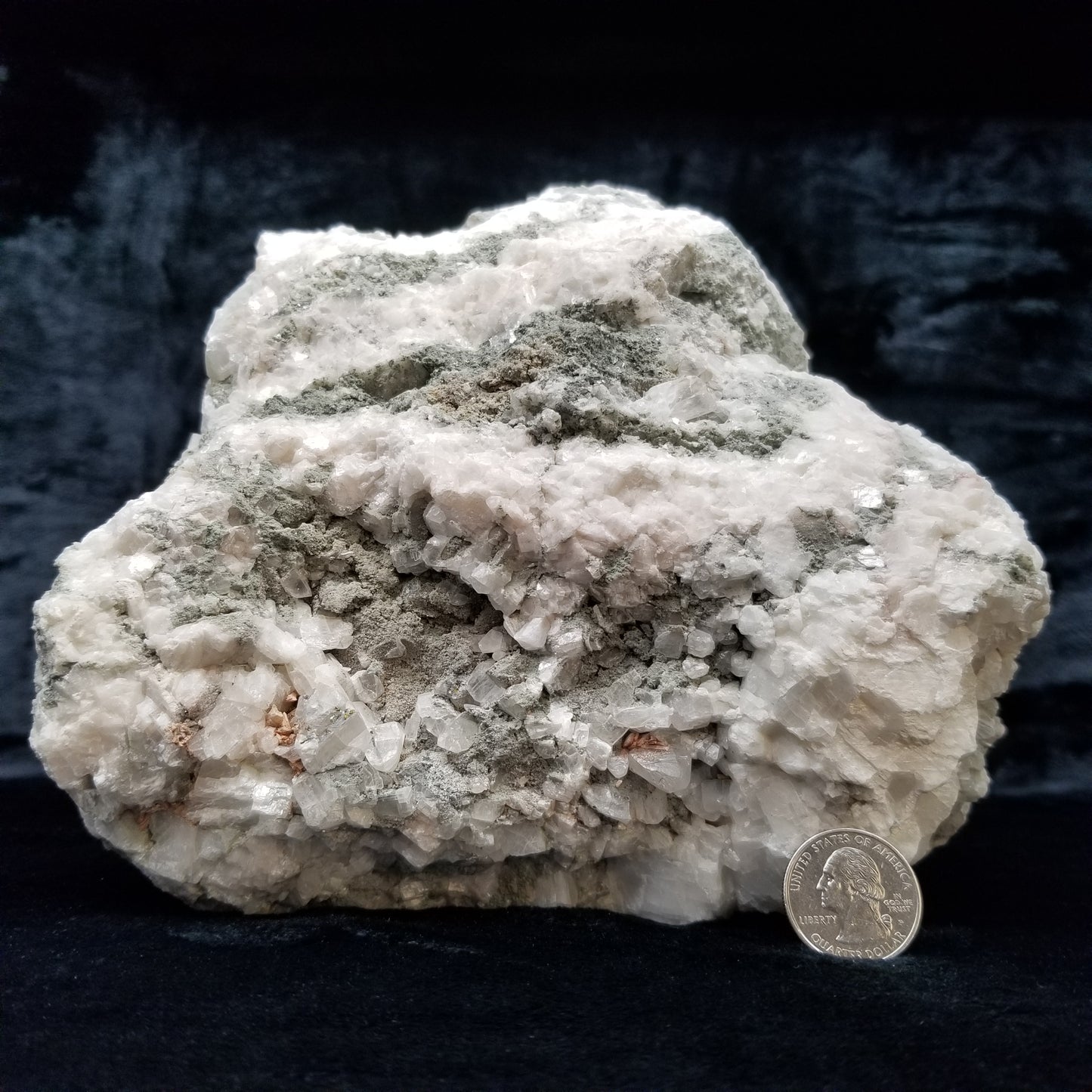 #11255 Green coating and white Dolomite on Combined form Calcite on matrix