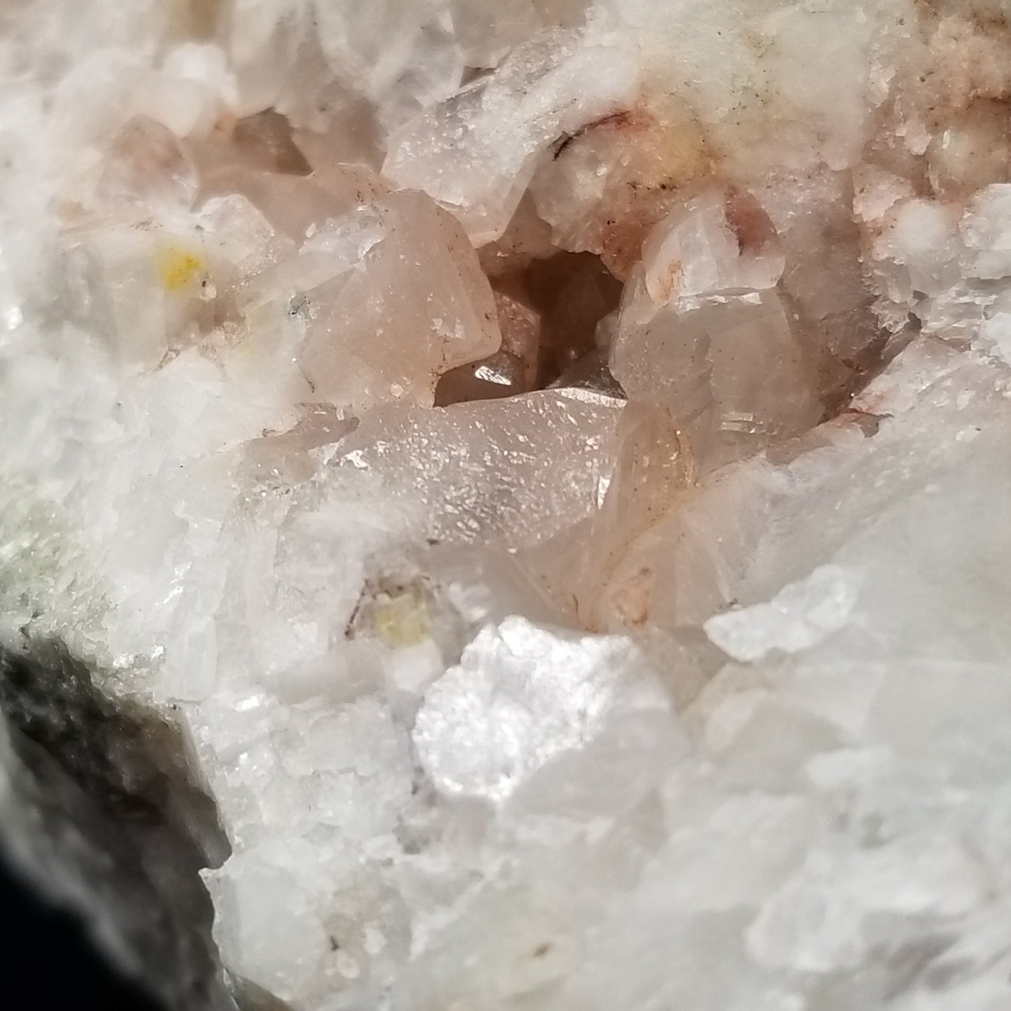 #11258 Chalcopyrite on clear Combined form Calcite cluster with phantom Hematite  inclusions