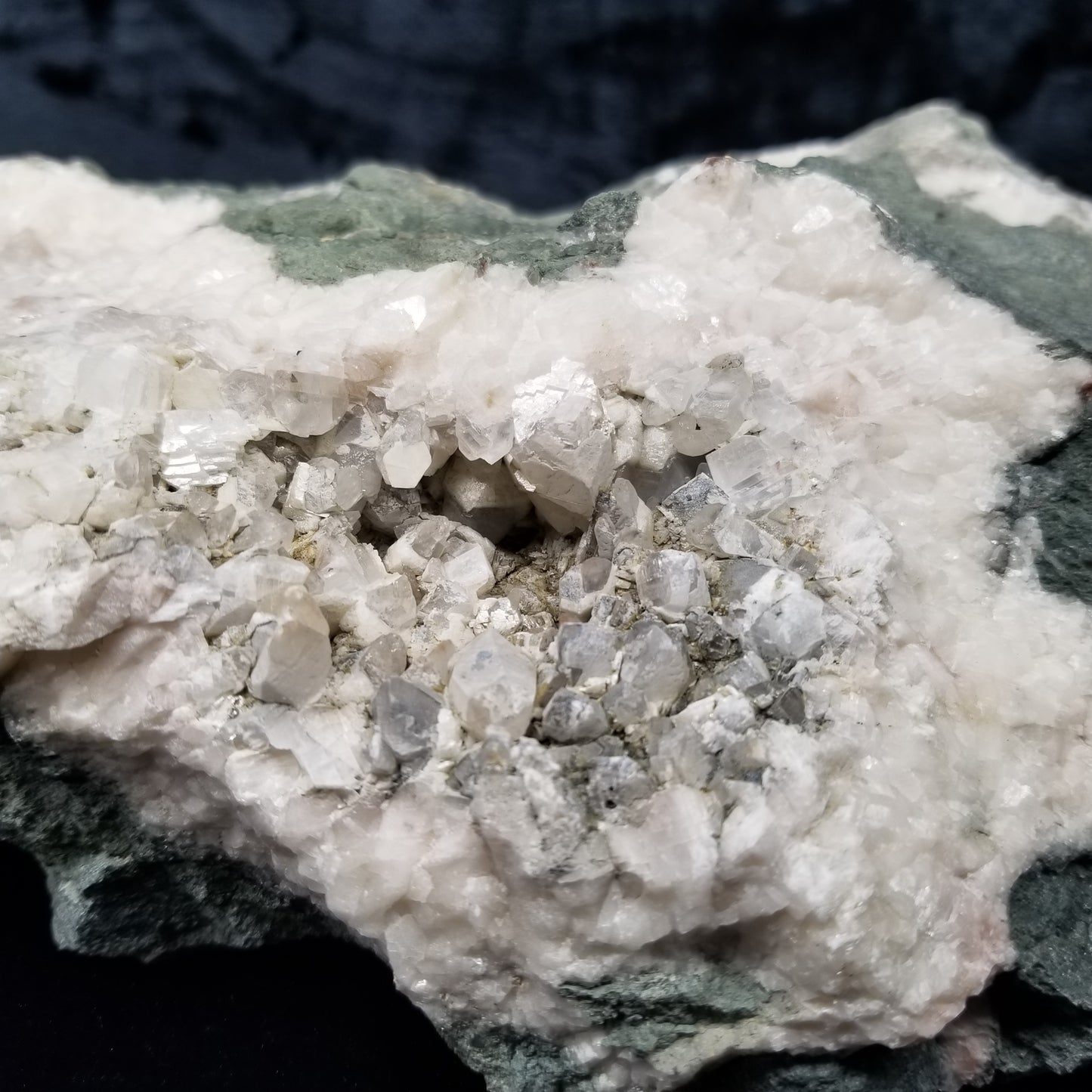 #11266 White Dolomite and Chalcopyrite on Combined form Calcite cluster on matrix