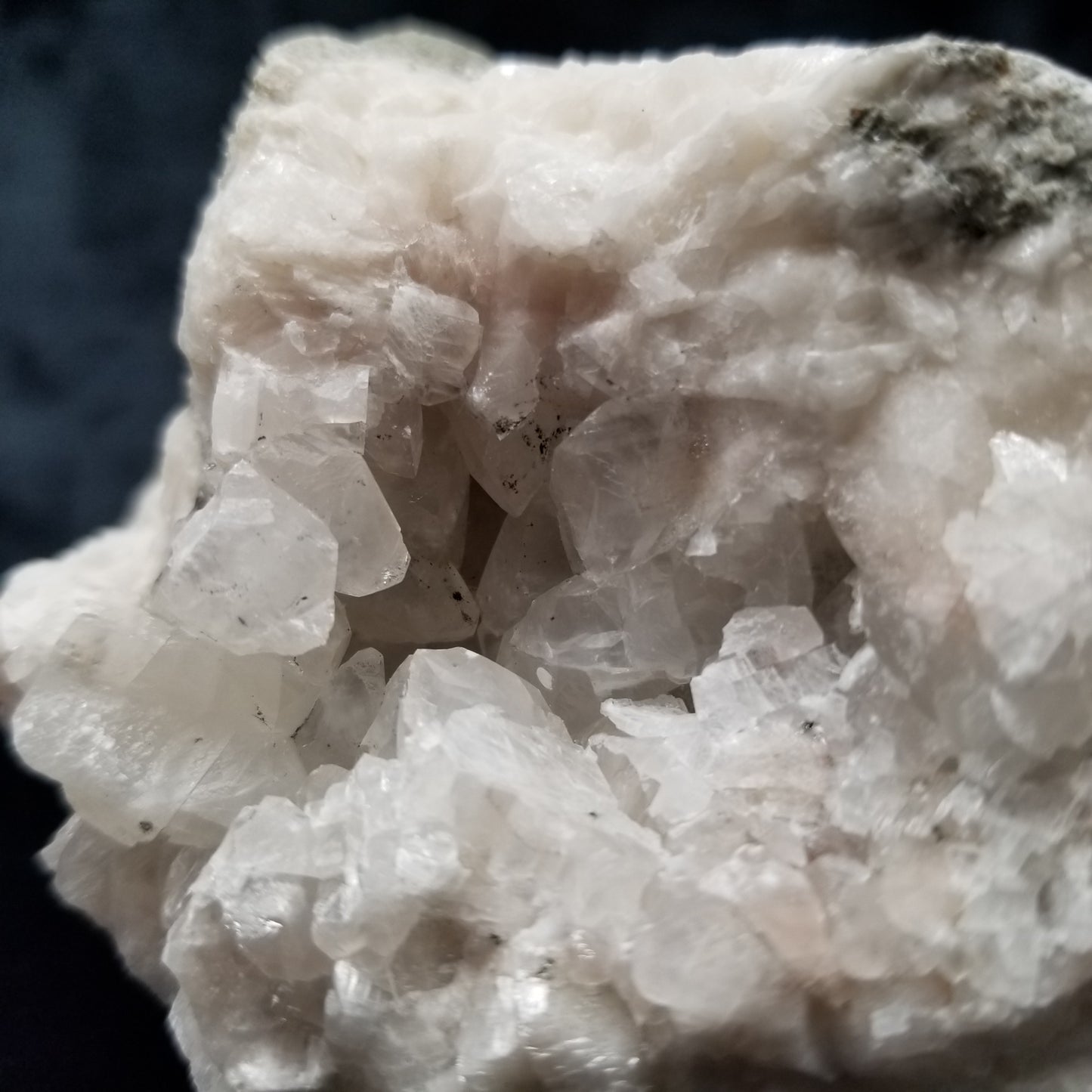 #11266 White Dolomite and Chalcopyrite on Combined form Calcite cluster on matrix