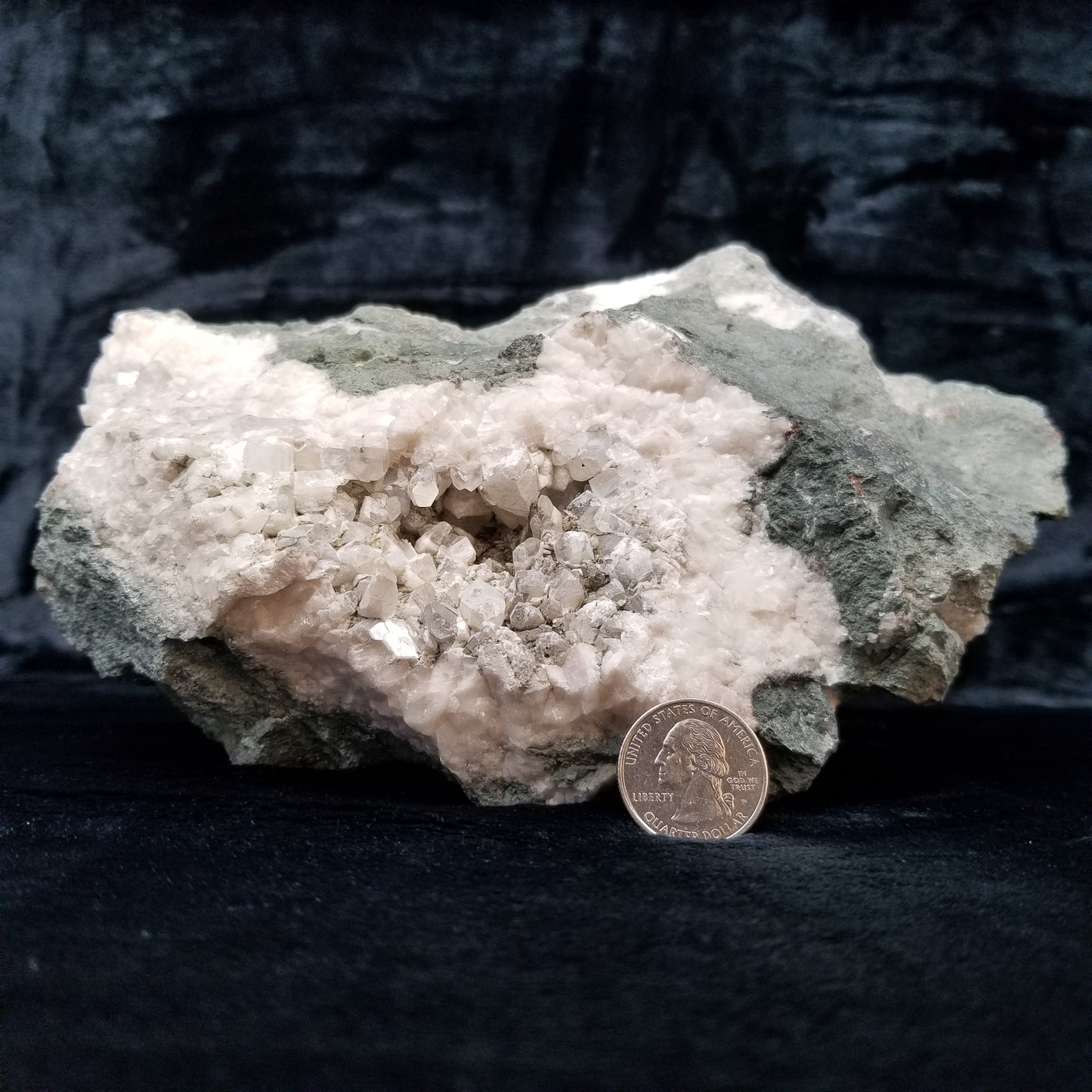 #11266 White Dolomite and Chalcopyrite on Combined form Calcite cluster on matrix