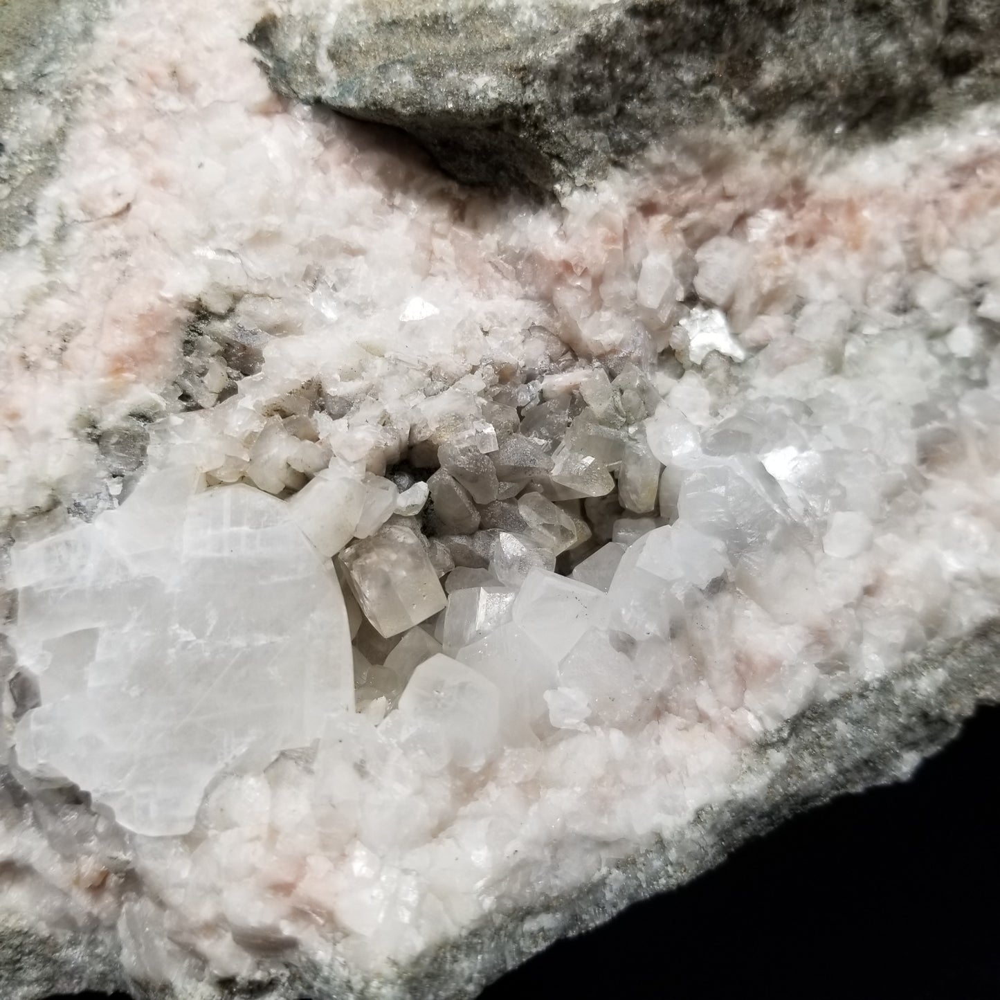 #11269 Hematite on clear Dogtooth Spar Calcite with Chalcopyrite inclusions and clear Combined form Calcite with Chalcopyrite