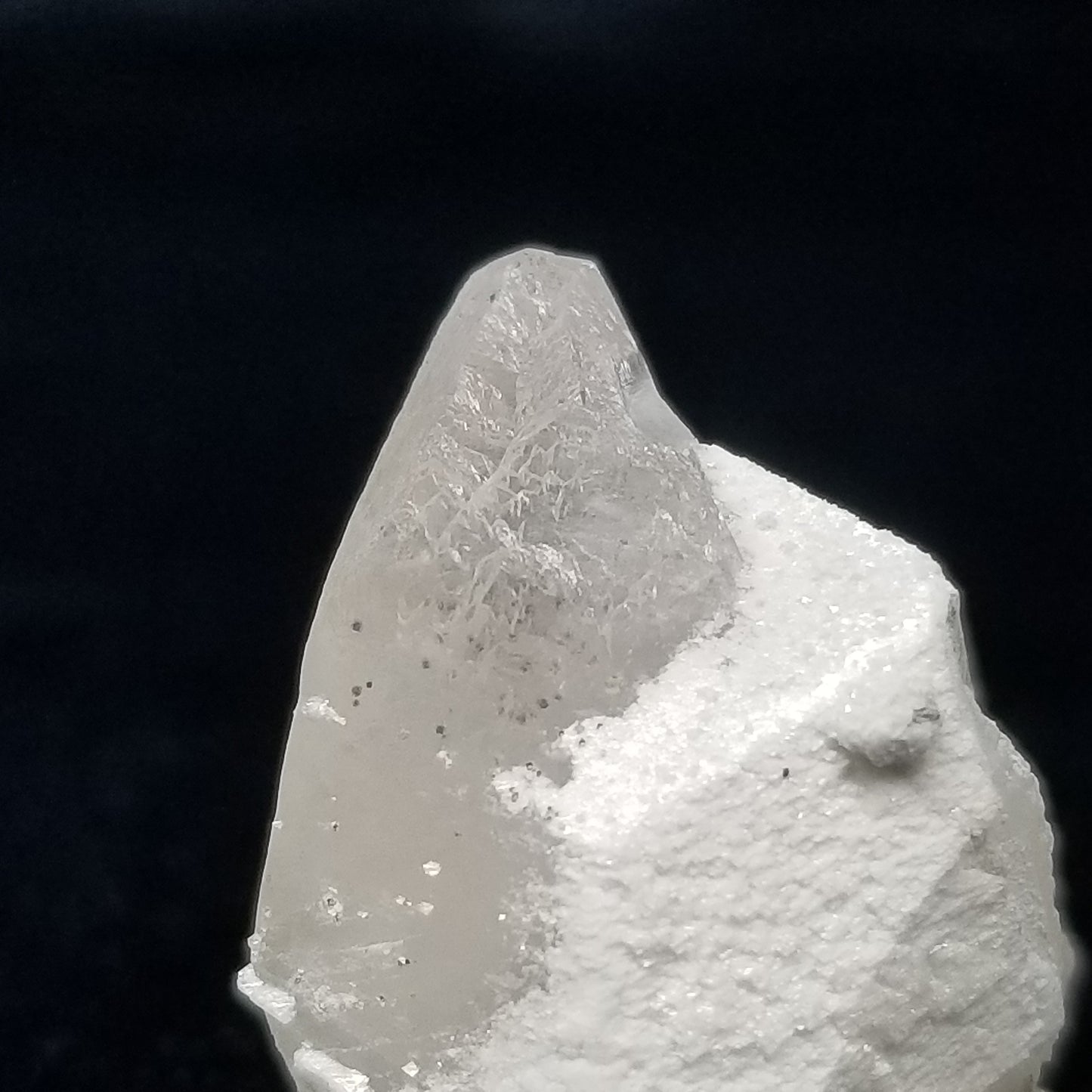 #11282 White Dolomite on clear Dogtooth Spar Calcite with Chalcopyrite inclusions
